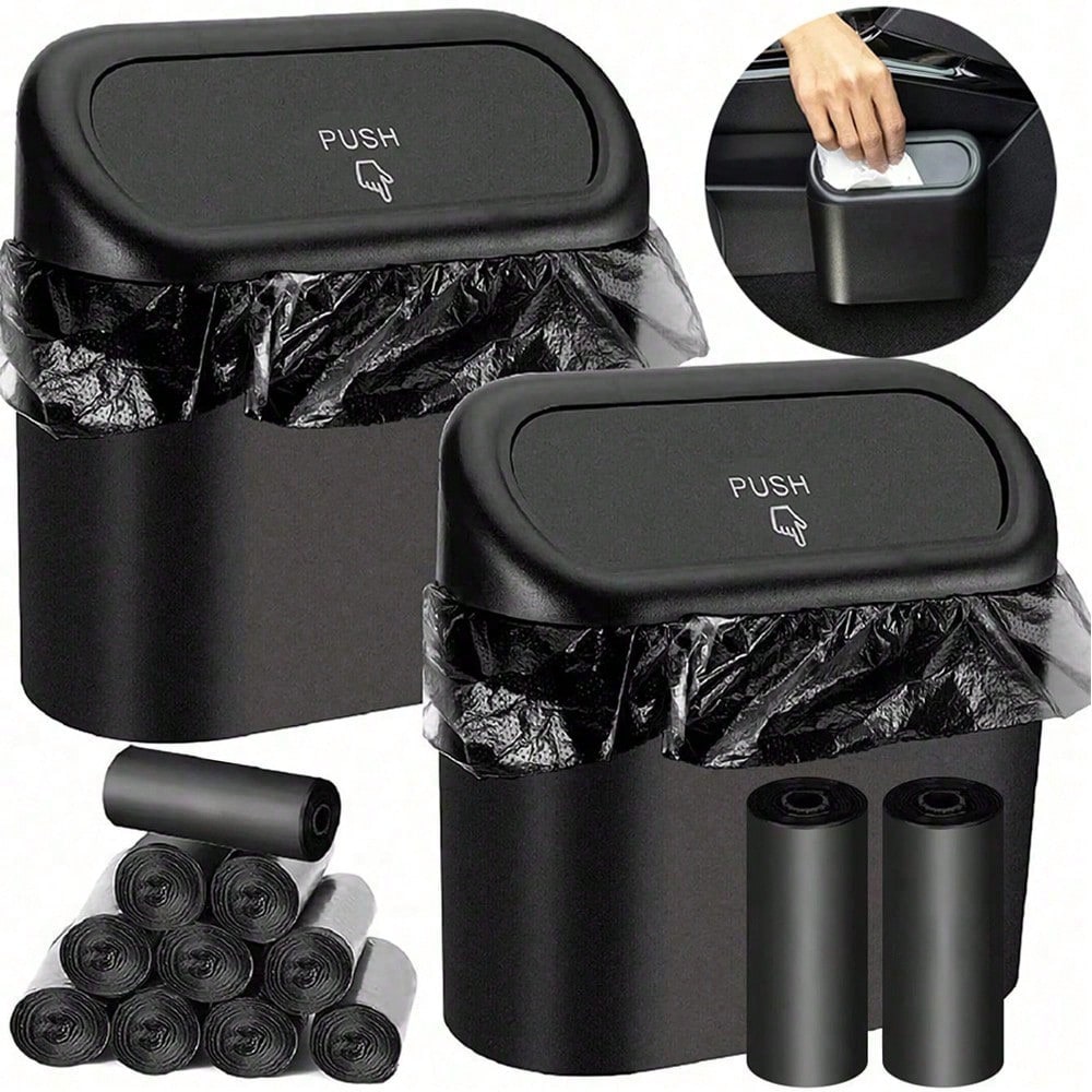 1 Pc Car Trash Can + 1 Roll (15 Sheets) Trash Bags + 2 Pcs Car Hooks, Mini Car Trash Can, Garbage Can Organizer Box, Suitable For Front/Rear Seats- Car, Office, Home Accessories. Mini Car Trash Can