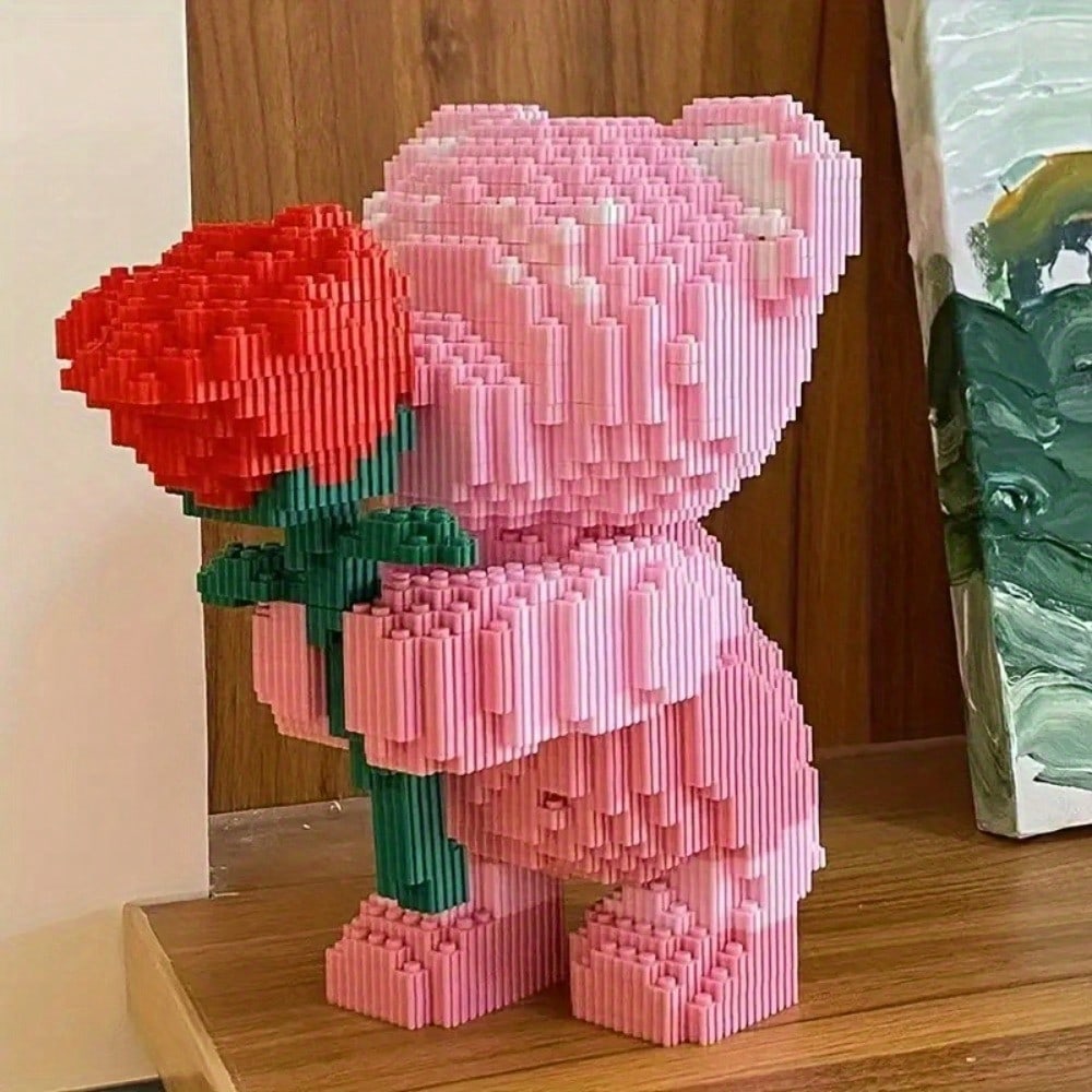 1 Set 800pcs Rose Bear Building Blocks, DIY Floral Bear Model Kit With Exquisite Details, Desktop Decoration Collectible Statue Suitable For Living Room Office Bookshelf, Halloween Christmas Birthday