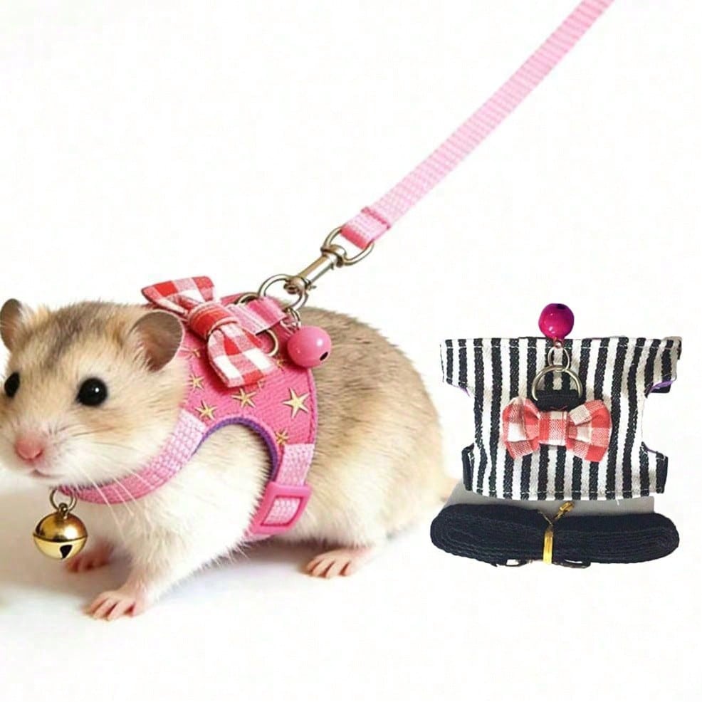 1 Set Pet Harness & Leaf Decor Outfit, With Bow Tie & Bell, Suitable For Guinea Pigs, Hamsters, Mice, Squirrels And Other Pets For Outdoor Walking, Vest