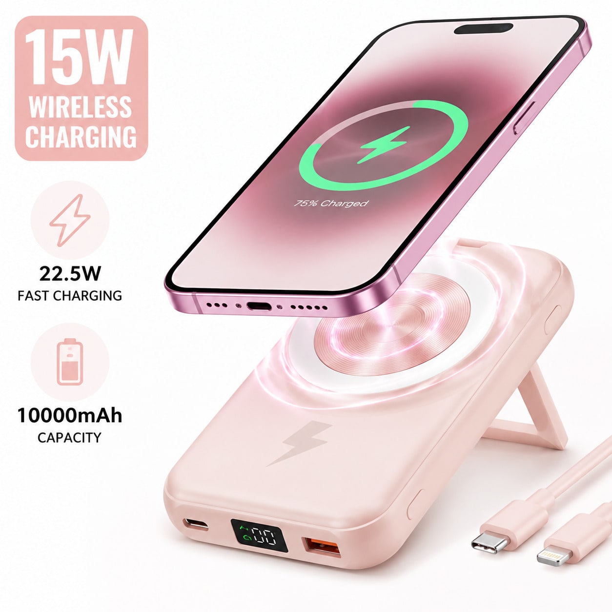 10000mAh Everyday Gear Magnetic Wireless Power Bank 15W Wireless Charge 22.5W High-Speed Wired Charge Foldable Phone Stand Integrated Dual Cables Battery Percentage Indicator Multi-Device Charging Com