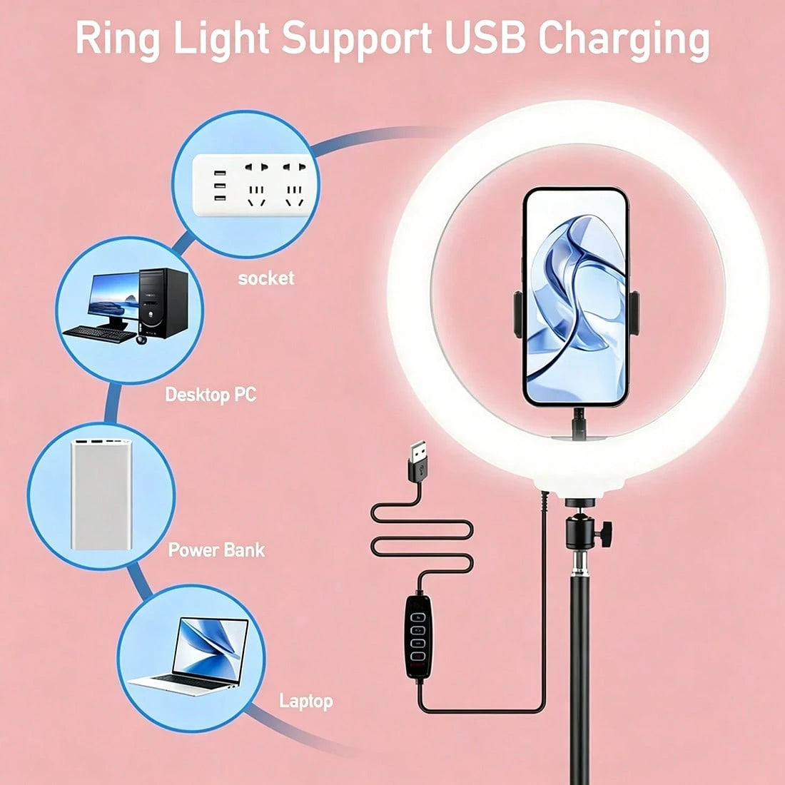 13-Inch LED Ring Light With Adjustable 63-Inch Tripod, USB-Powered Selfie Light With 10 Brightness Levels And 3 Color Modes, Suitable For Tk Live Streaming And Photography, No Battery Required