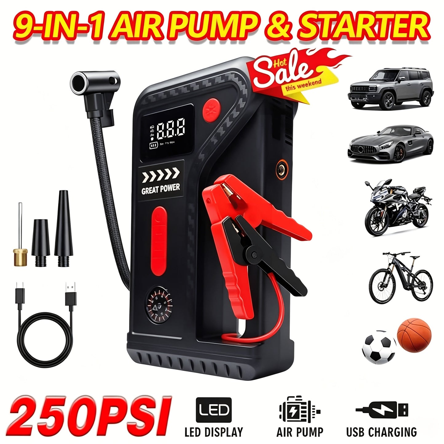 13000A-15000A, Peak 250PSI, 12V, 17-In-1 Portable Jump Starter With Air Compressor Function, 5000mAh, Car Jump Starter With Air Pump, Jump Starter Accessories, Auto Repair Tools, Car Battery Charger
