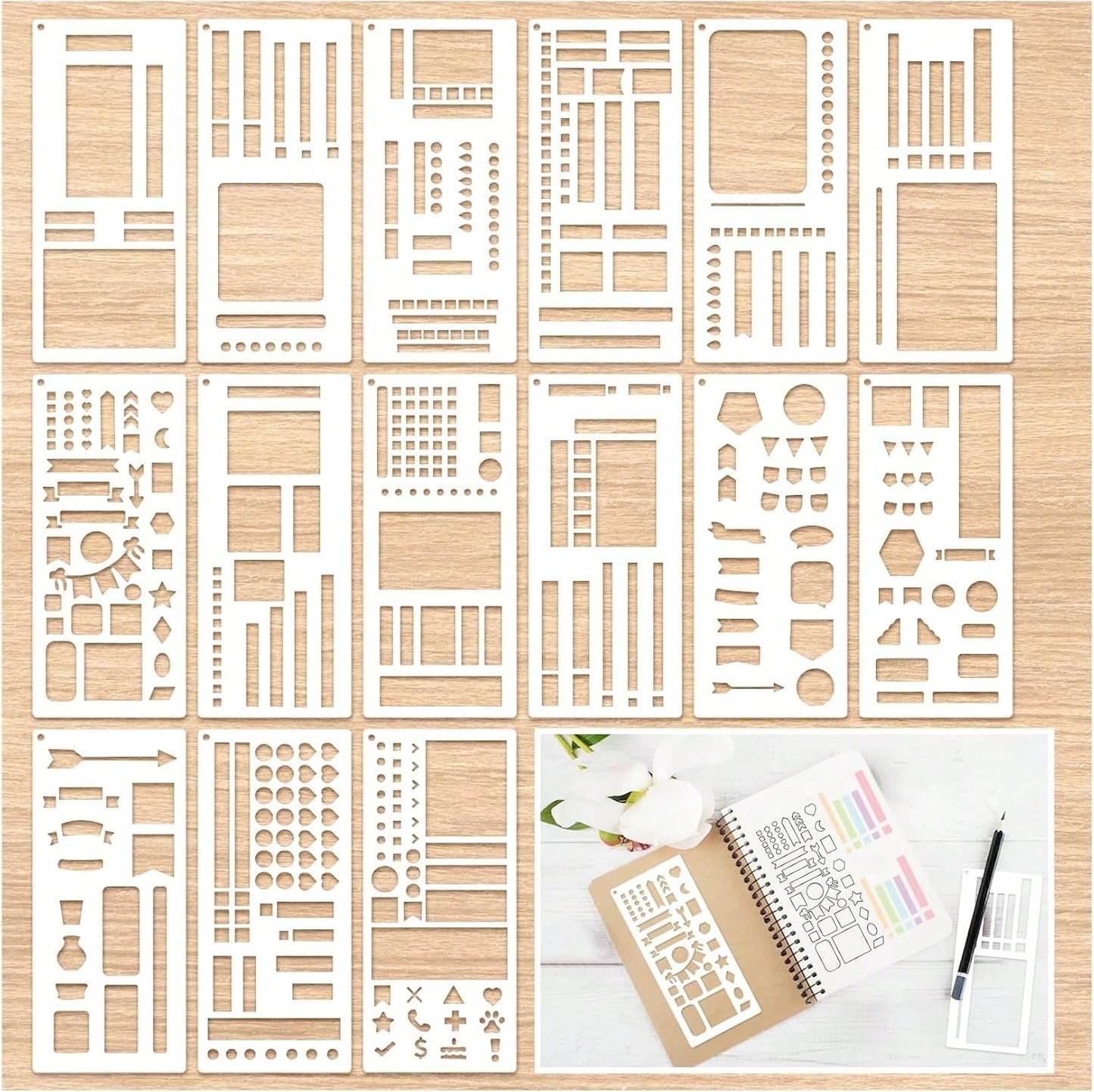 15Pcs Journal Stencils Planner Stencils Set For Scrapbooking Handmade Flexible Record Template Journal Stencil For Journaling Notebook Scrapbook Diary Checklist DIY Crafts(Planner15)
