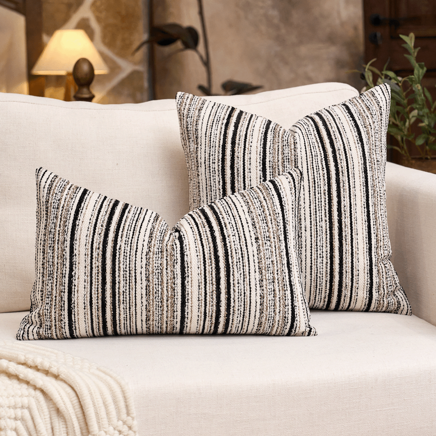 1pc/2pcs Luxury Chenille Striped Decorative Throw Pillow Cover, Without Pillow Insert, Black & Beige Boucle Texture, Square Shape, Suitable For Sofa, Living Room, Bedroom, Farmhouse, Also As Gift