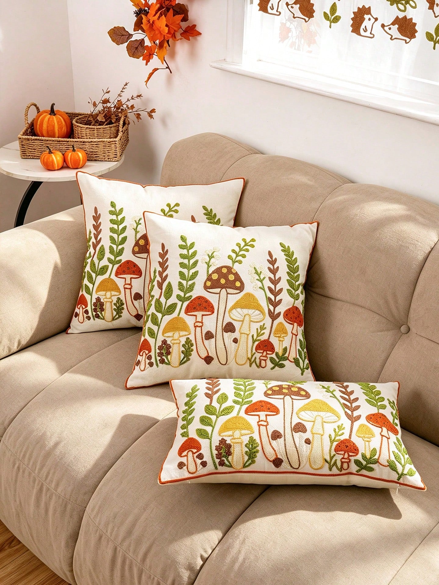 1PC Autumn Mushroom Embroidered Pillow Cover, Multiple Sizes Available, Universal Home Decor For Sofa & Bed, Special Pillowcase For Harvest Festival, Insert Not Included