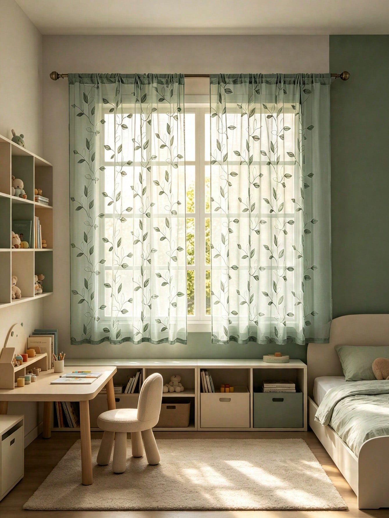 1pc Embroidered Leaf Pattern Sheer Curtain, Rod Pocket Floral Curtain, Baby Shower Decoration, Gender Reveal Decoration, Children's Room Decoration