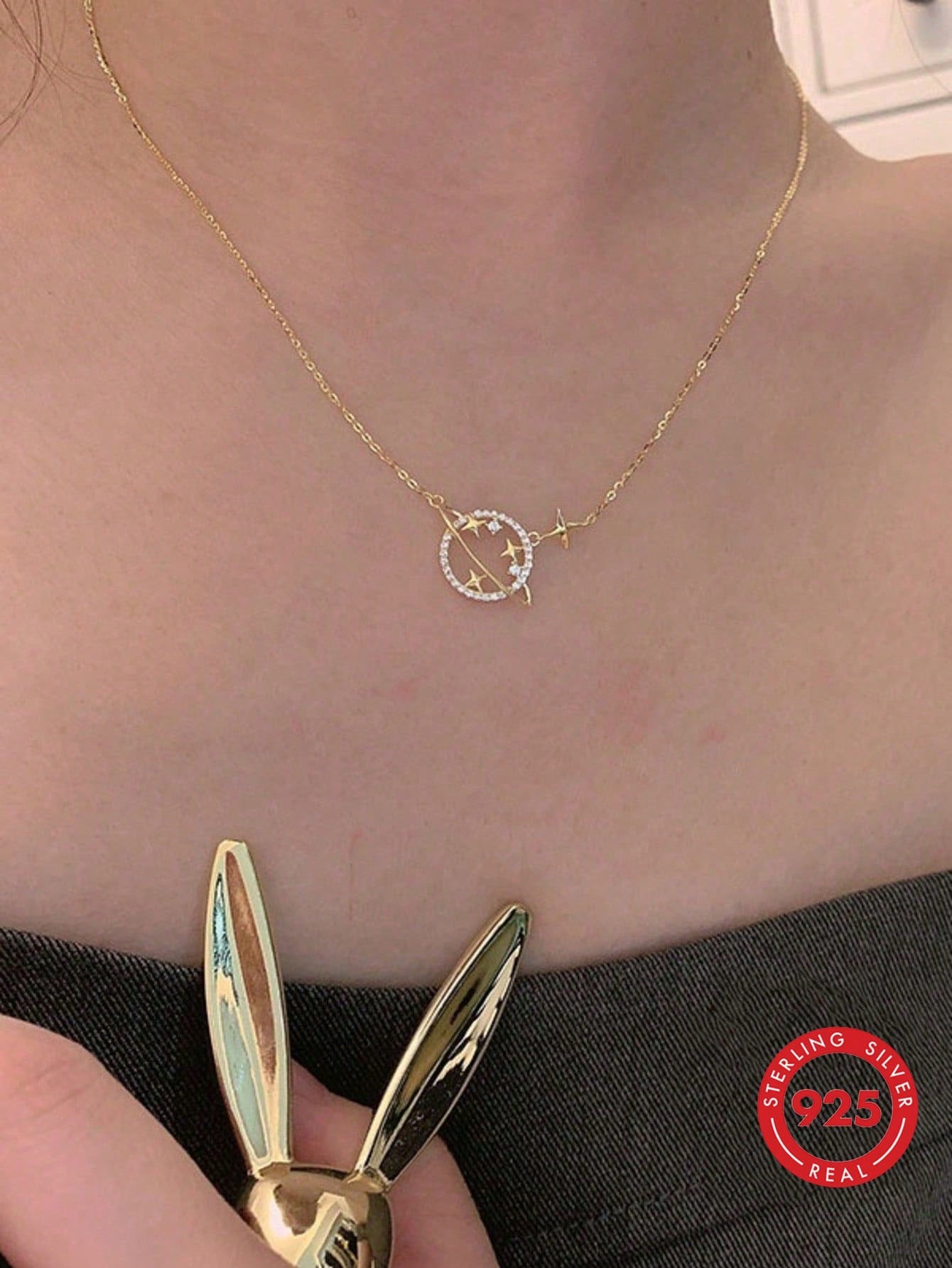 1pc S925 Sterling Silver Dreamy Star Moon Circle Collarbone Chain With Rhinestone Round Ring Shooting Star Fine Necklace, Gentle Girl Niche Light Luxury Commute Versatile Women Pendant Gift