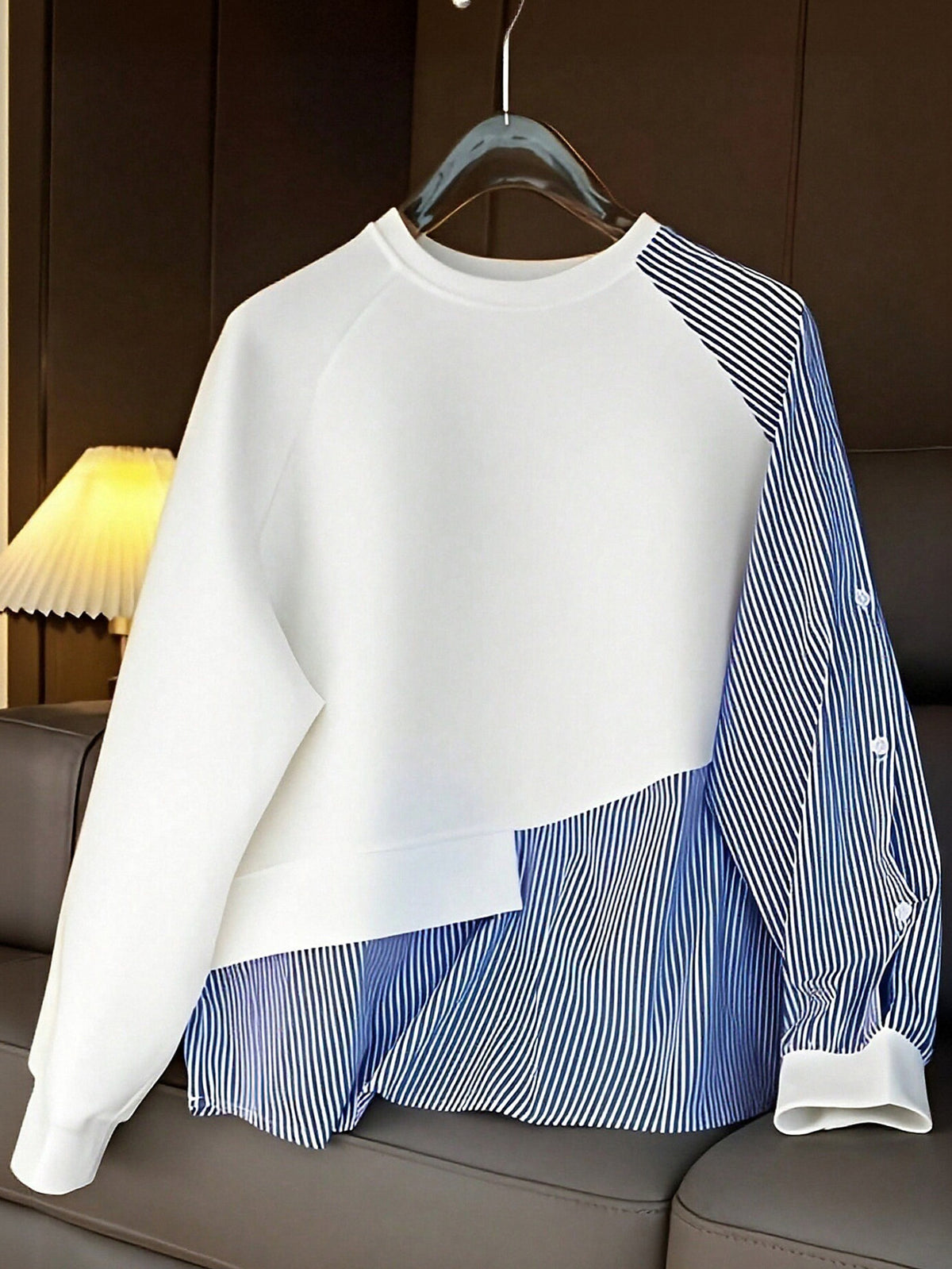 1pc Striped Patchwork Contrast Color Ribbed Button Women Top, Daily Wear, Spring/Autumn, White, Black, Blue, Pink, Green, Yellow