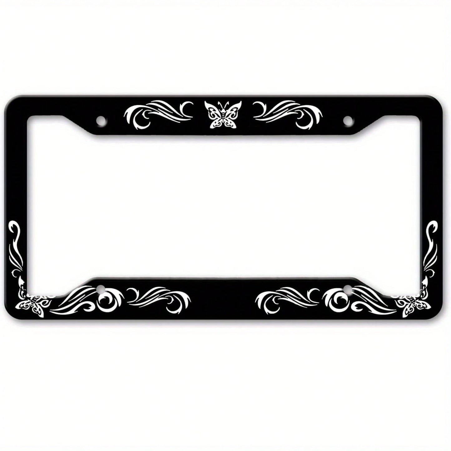 1Pc Vintage Floral Butterfly Black Metal License Plate Frame,12.2*6.3Inch,2 Holes Easy Install,Unisex Front Rear Bumper Decor,Sturdy Vehicle Accessory,License Plate,Car Decor,Mothers Day,Birthday Gift