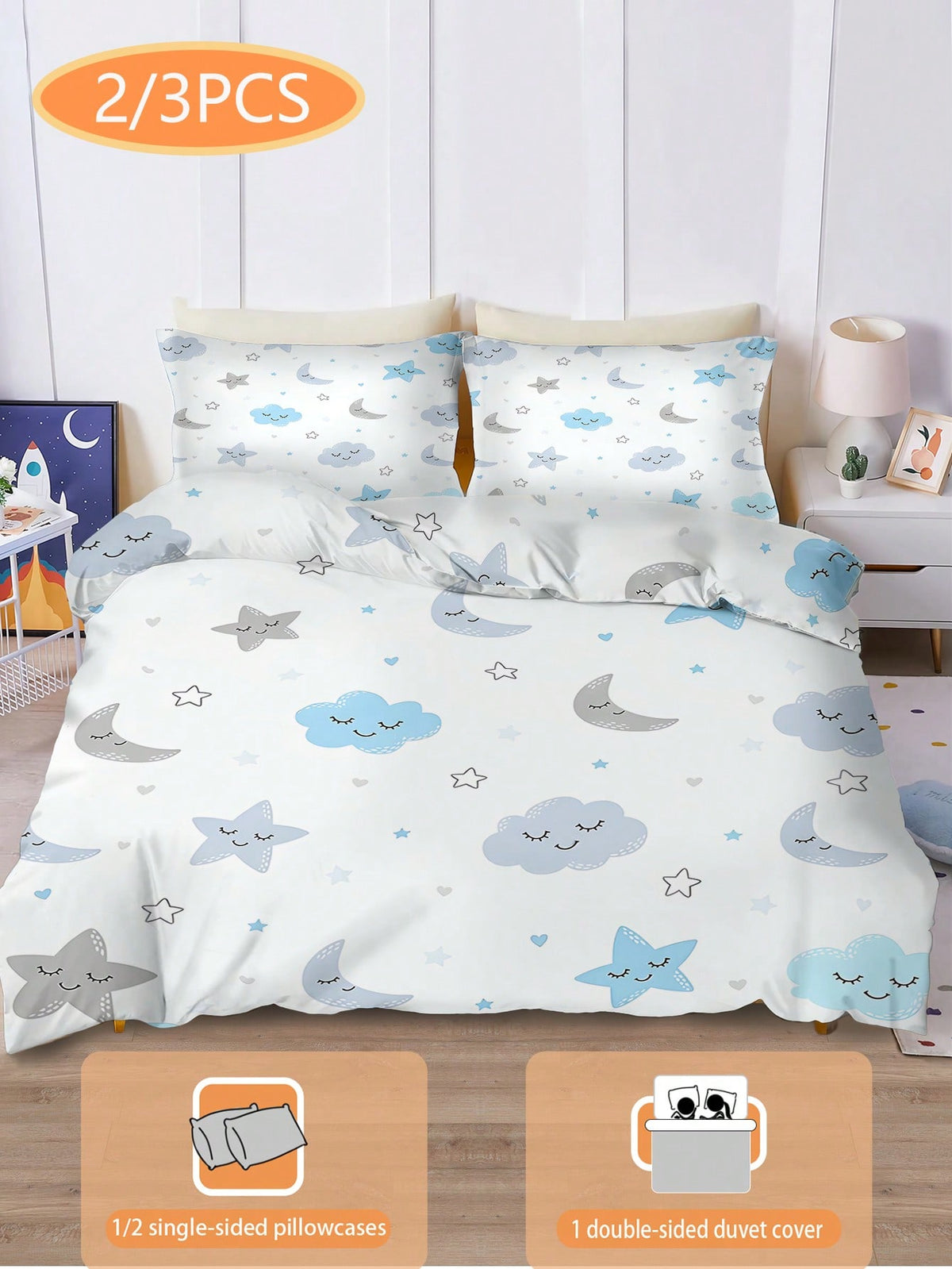 2/3PCS Cartoon Sleepy Cloud Moon Star Duvet Cover Set, Twin Full Size King Queen Bedding Set, Sweet Print Bedding Set For Girls Kids Teens 1 Quilt Cover + 1/2 Pillowcases All Seasons Use With Zipper C
