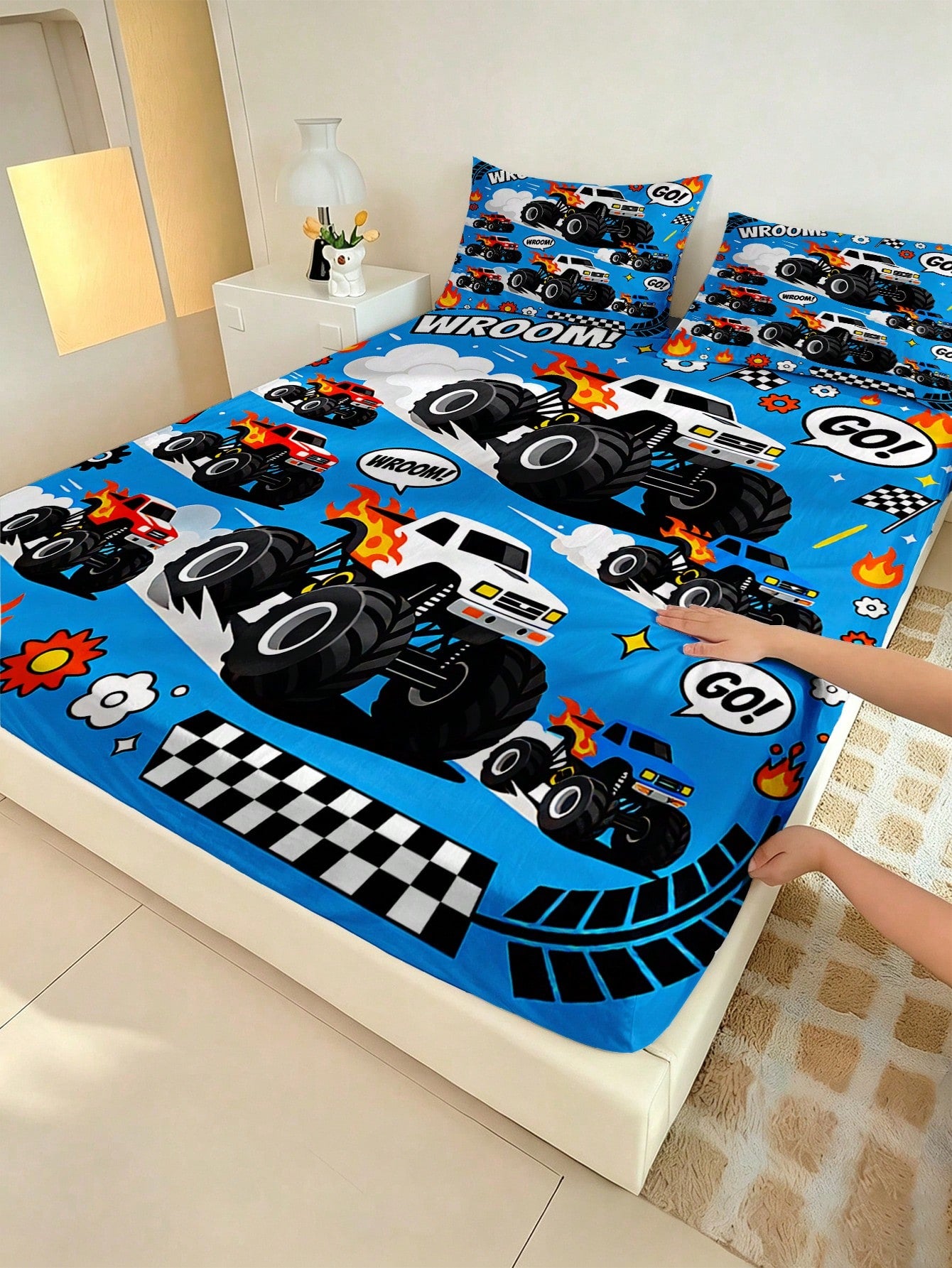2/3PCS Little Boys Cartoon Monster Truck Flame Checkered Flag Print Polyester Ultra Soft 30cm Deep Pocket Full Surround Elastic Wrinkle Resistant Fitted Sheet Cool Racing Car Style Mattress Cover For