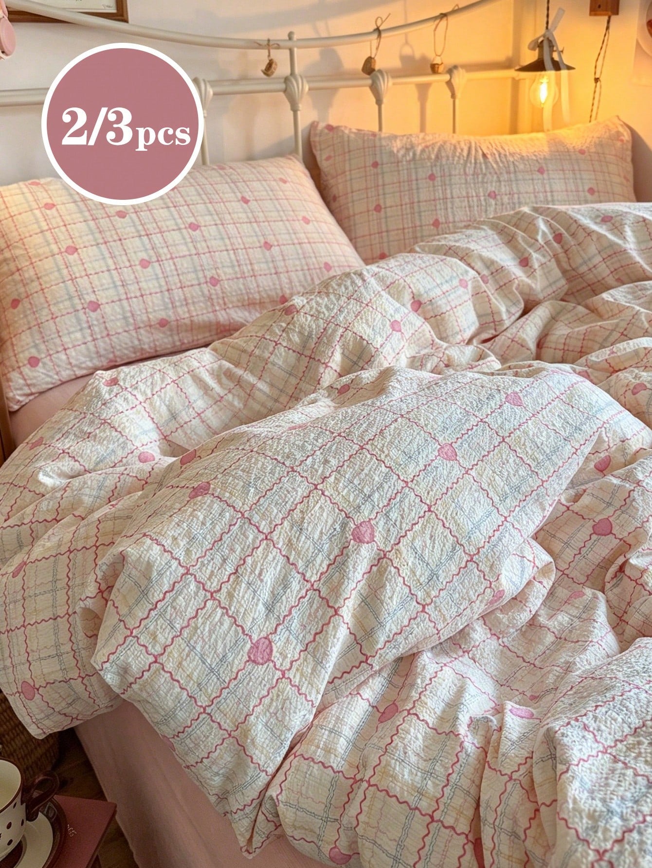 2/3pcs Pink Plaid Heart Pattern Minimalist Twin XL Dorm Bedding Set, Back To School Student Dorm Use, Super Soft Washed Brushed Duvet Cover & Pillowcase Set, Sweet & Cute Girls Style, Spring/Summer, T