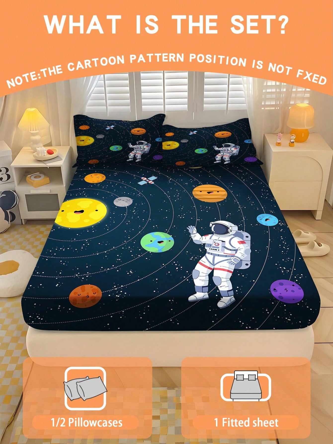 2/3PCS Space Cartoon Astronaut Fitted Sheet Set Soft Breathable Bedding For All Seasons Twin/Full/Queen 100% Polyester Machine Washable