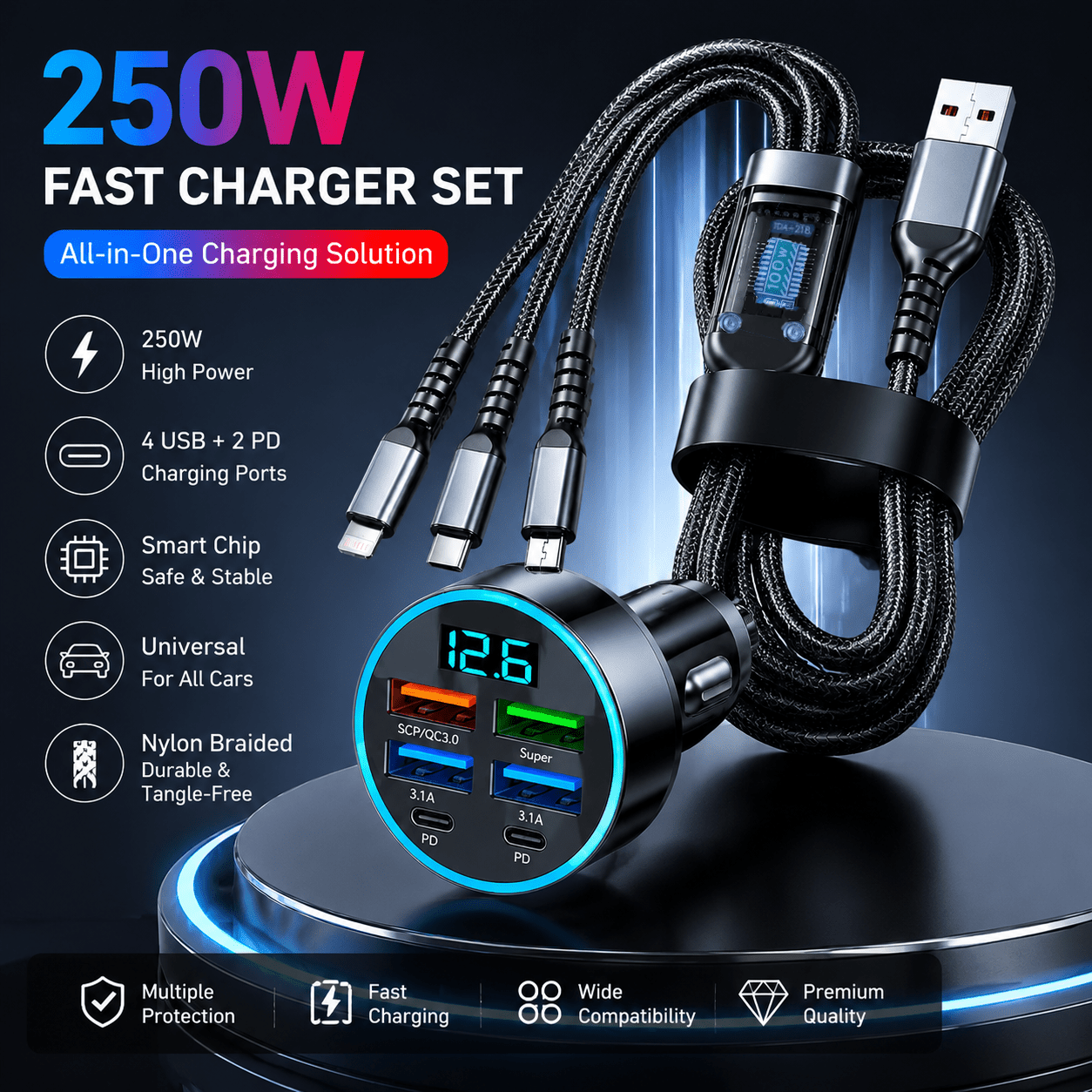 250W Multi-Port Fast Car Charger + All-In-One Charging Cable Set,Charge 6 Devices Simultaneously| Universal For All Cars| Smart Chip Braided Cable