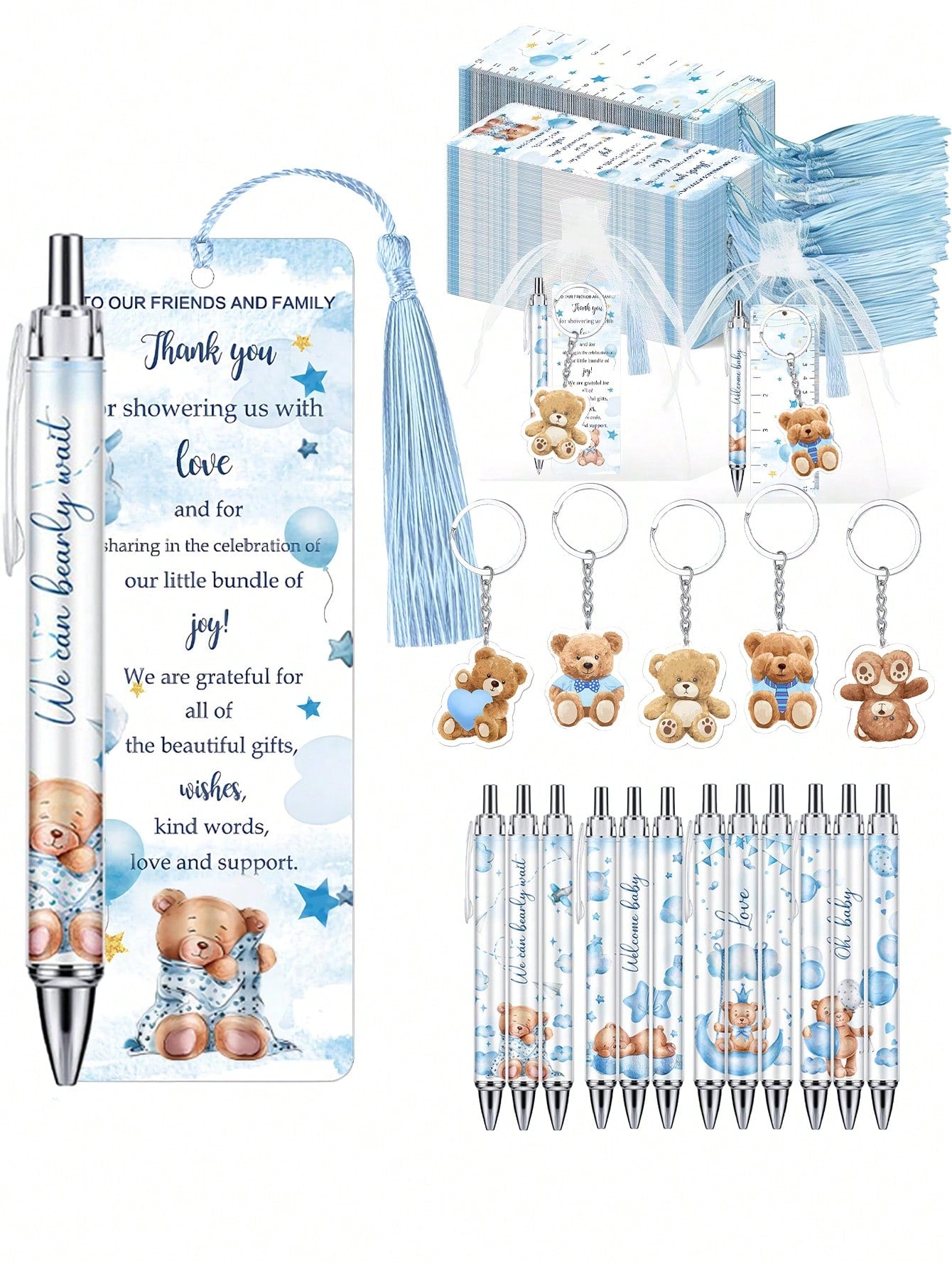 25pcs/5sets- Baby Bear Shower Party Favors: "Oh, Baby" Ballpoint Pens, Cute Bear Party Favor Keychains, Adorable Bear Thank You Card Bookmarks, And Organza Bag Tags- Perfect For Gender Reveal Partie