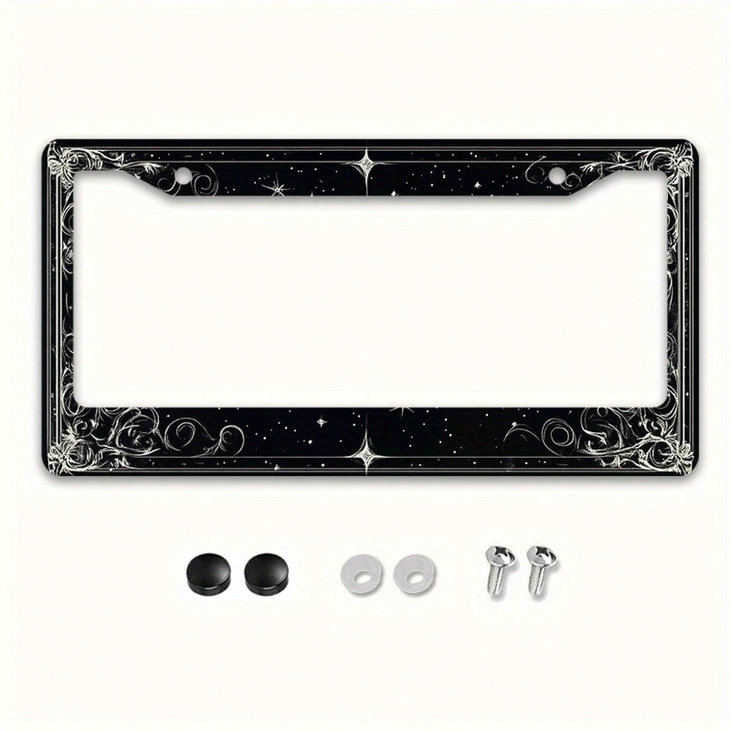 2D Flat 1 Metal License Plate Frame| Star And Swirl Design, Universal Fit, Suitable For American And Most International Vehicles, Includes Mounting Screws- Perfect Halloween Car Accessory (12x6 Inch