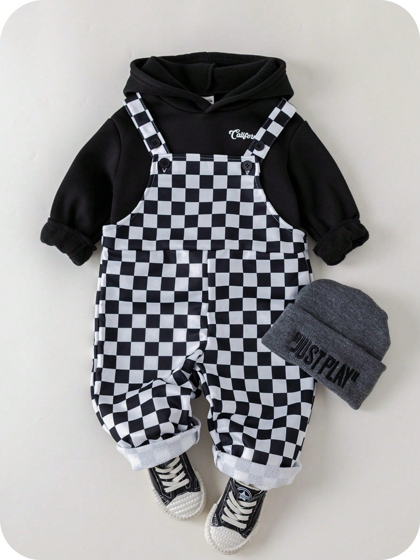 2pcs Baby Boy/Girl Black And White Checkered Autumn Outfit,Street Life Casual Graphic Street Fashion Matching Family Bear Knit Hoodie & Pants Set