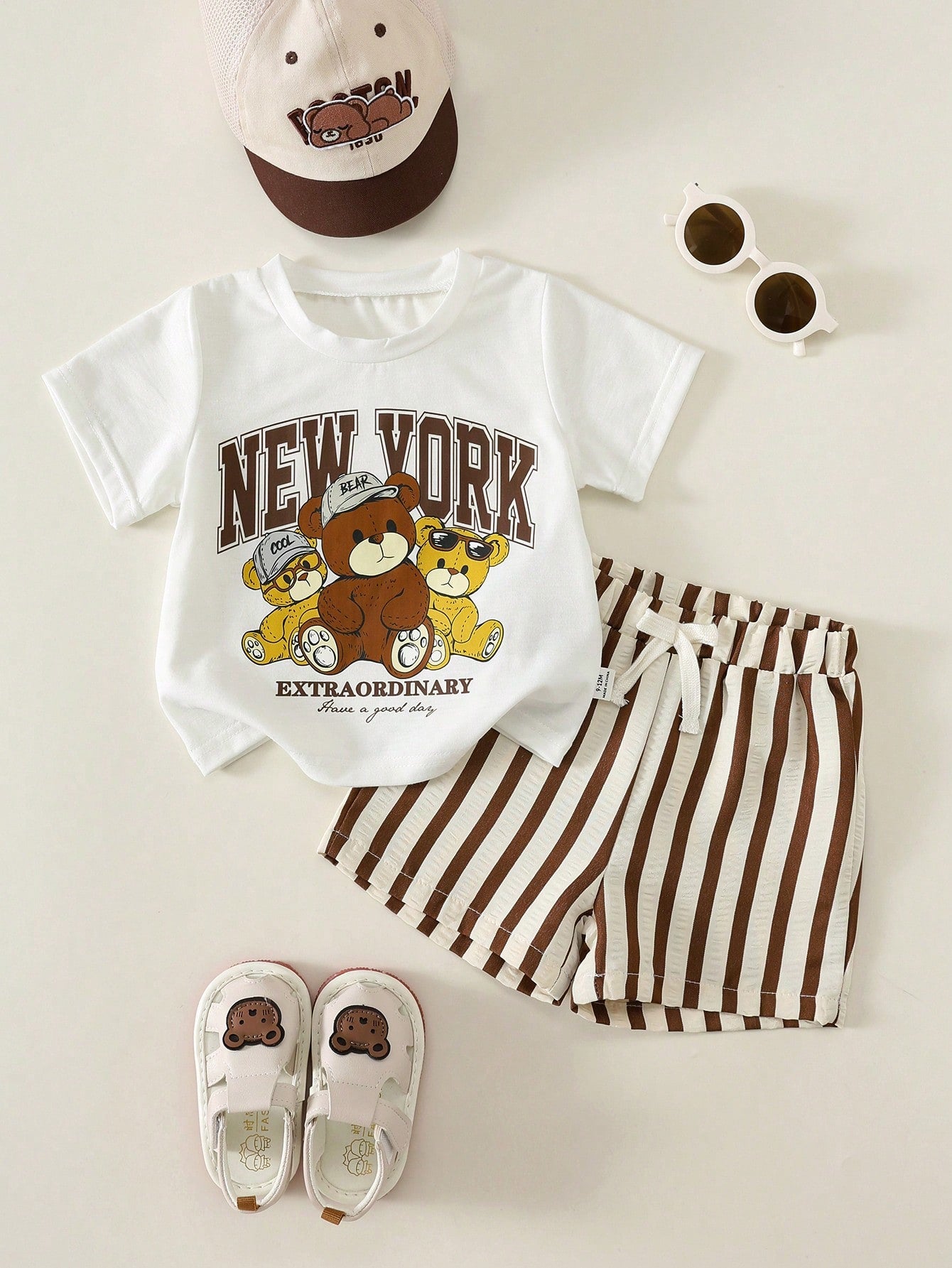 2pcs Baby Boy Summer Casual Cute Bear Pattern Top + Striped Shorts Set, Adorable Outfit, T-Shirt Set, Striped Set, Holiday Set, Children's Day Set