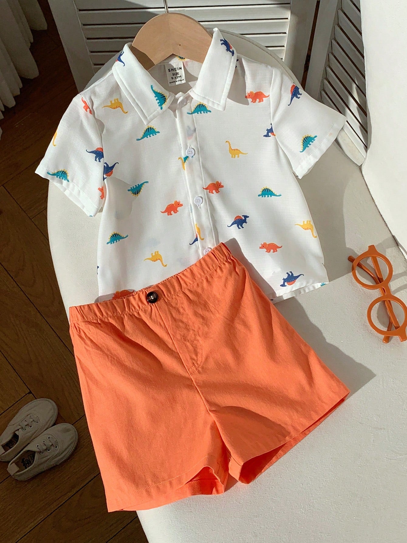 2pcs/Set Unisex Newborn Baby Boy/Girl Summer Casual Cute Colorful Dinosaur Print Short Sleeve Shirt And Orange Shorts Set Boy Outfit Clothes