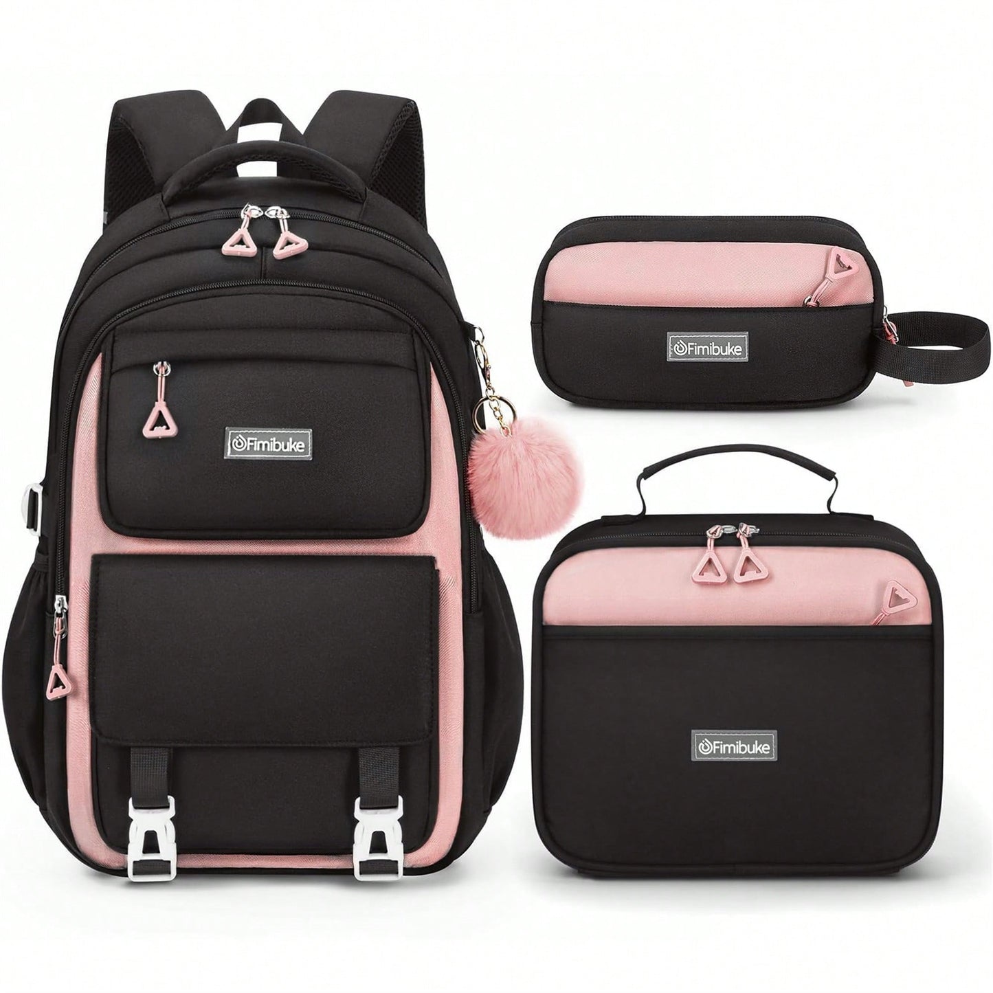 3 PCS School Backpacks For Teens- Cute Backpack With Lunch Box & Pencil Pouch, Lightweight Multi-Pocket Campus Shoulder Bag For Travel, (Pink & Black)