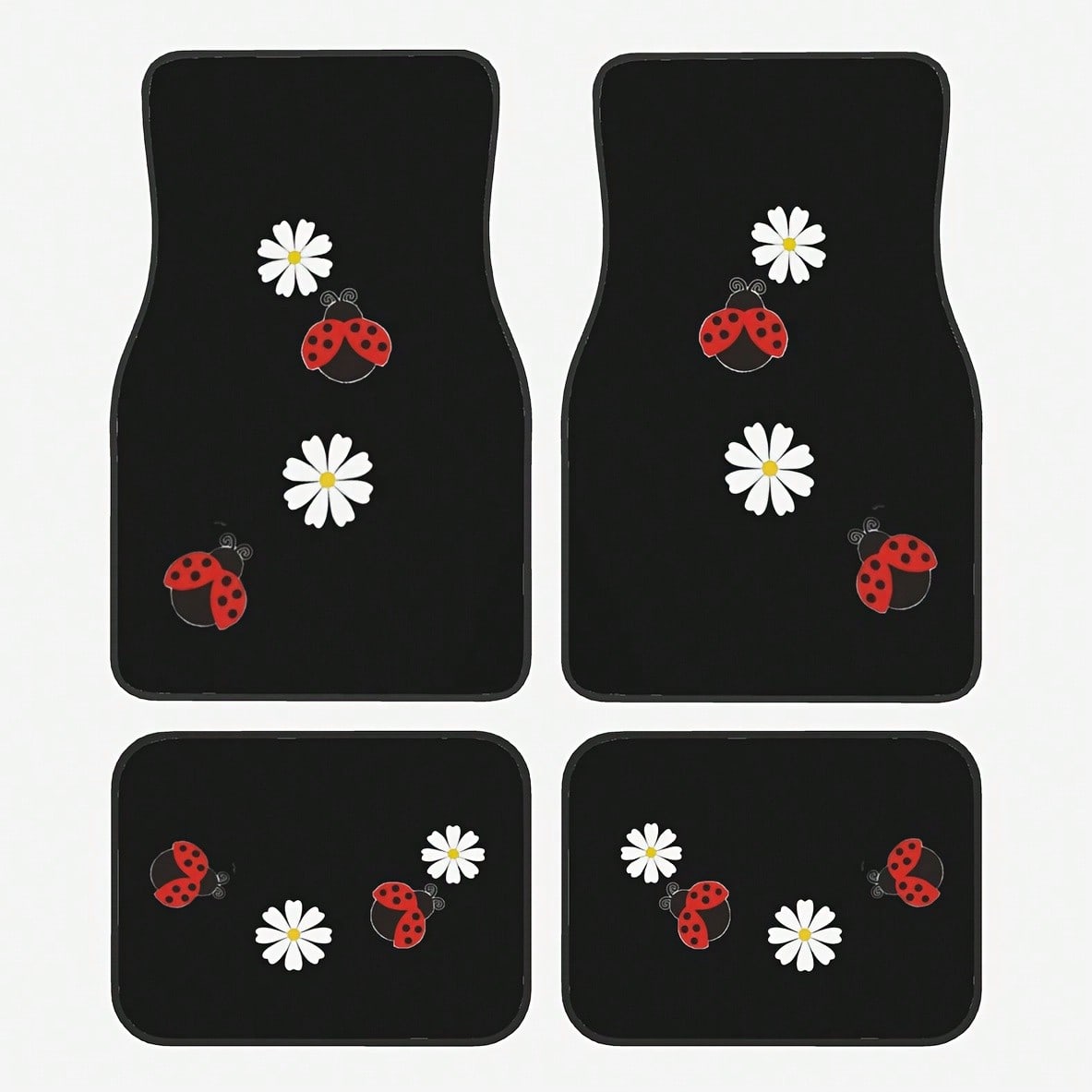 4 Cute Seven-Hole Worm And Sunflower Print Car Mats- All-Weather Polyester Floor Mats Suitable For Cars, Trucks, And SUVs- Designed For Comfort, Durability, And Easy Cleaning- An Ideal Gift For Car