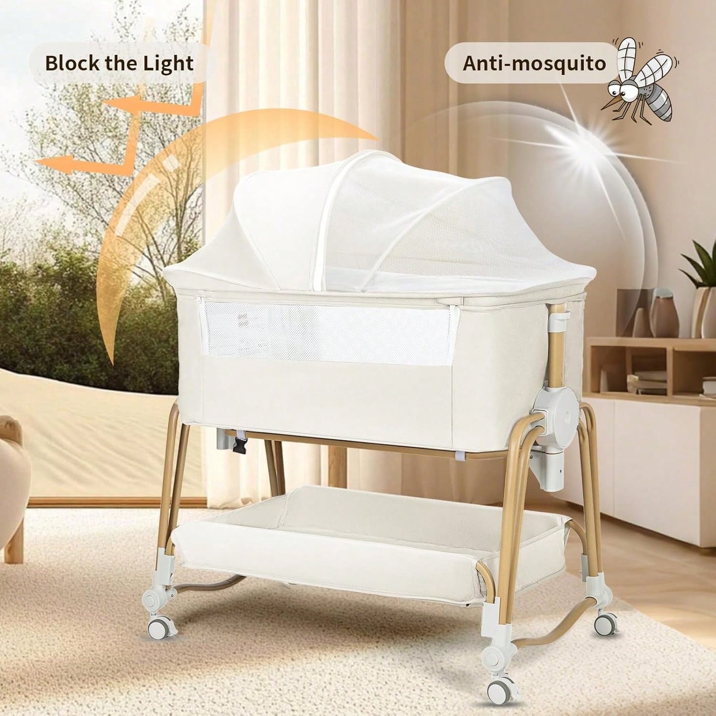 4-In-1 Baby Bassinet For Boys Girls,7 Levels Height Adjustable Rocking Bedside Sleeper,Breathable Mesh Crib With Wheels For Newborn Infant,Khaki-Brown
