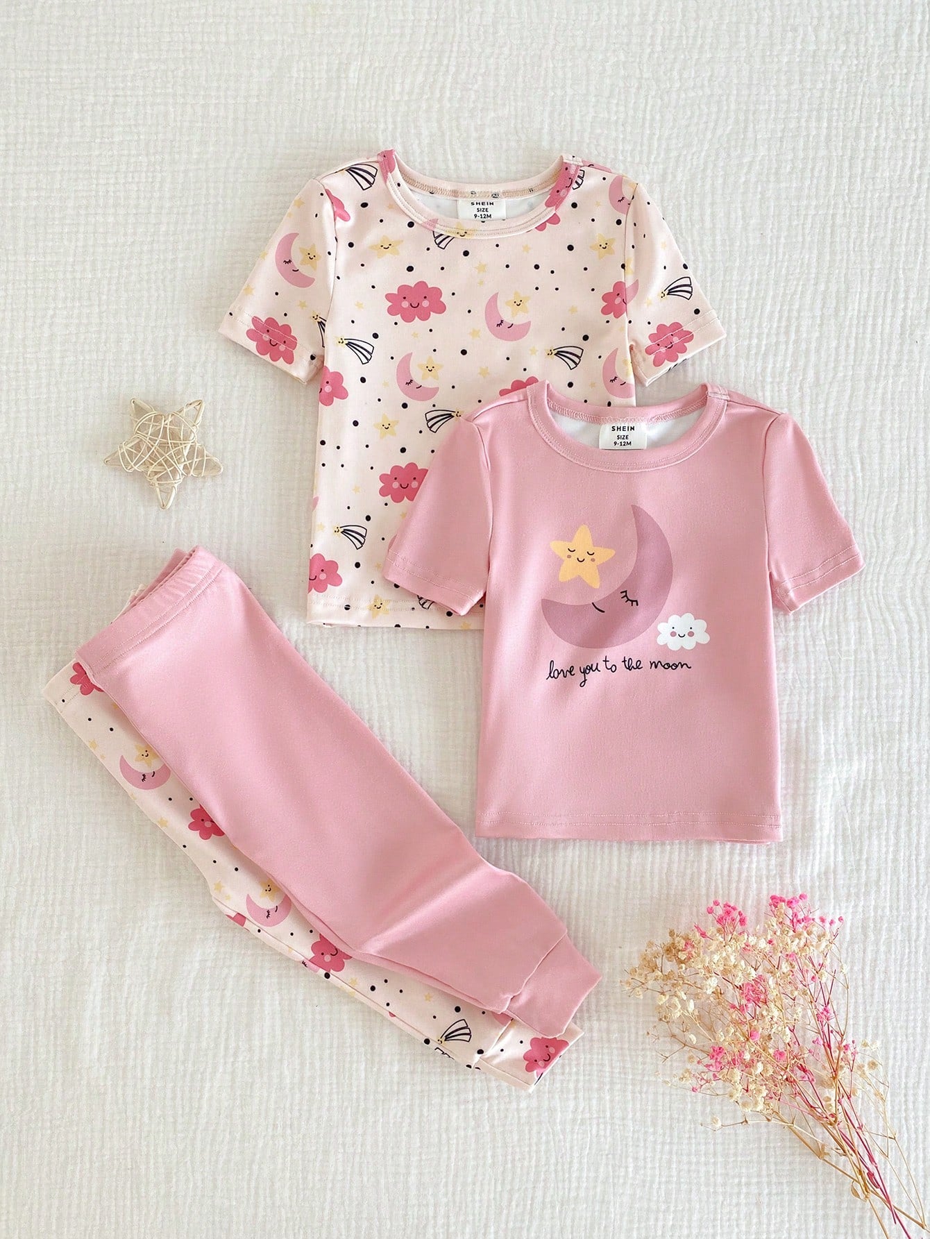 4pcs Baby Girls' Light Pink,Summer,Cute,Graphic,Holiday Star,Moon,Cloud Print Rib Knit Crew Neck Short Sleeve Top And Pants Snug Fit Pajama Set