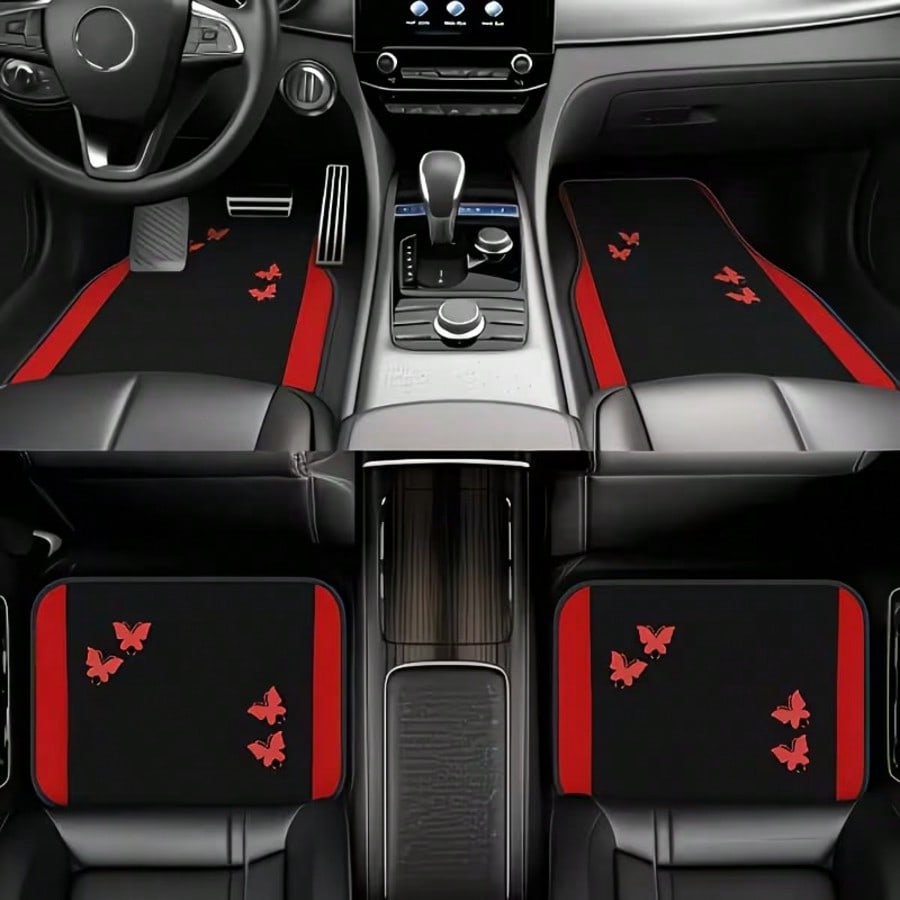 4pcs Car Floor Mats Set| All-Season Vehicle Carpet Protection- All-Weather Red Butterfly Design Polyester Mats| Suitable For Sedan, Truck, SUV- Christmas And Halloween Gift For Men And Women