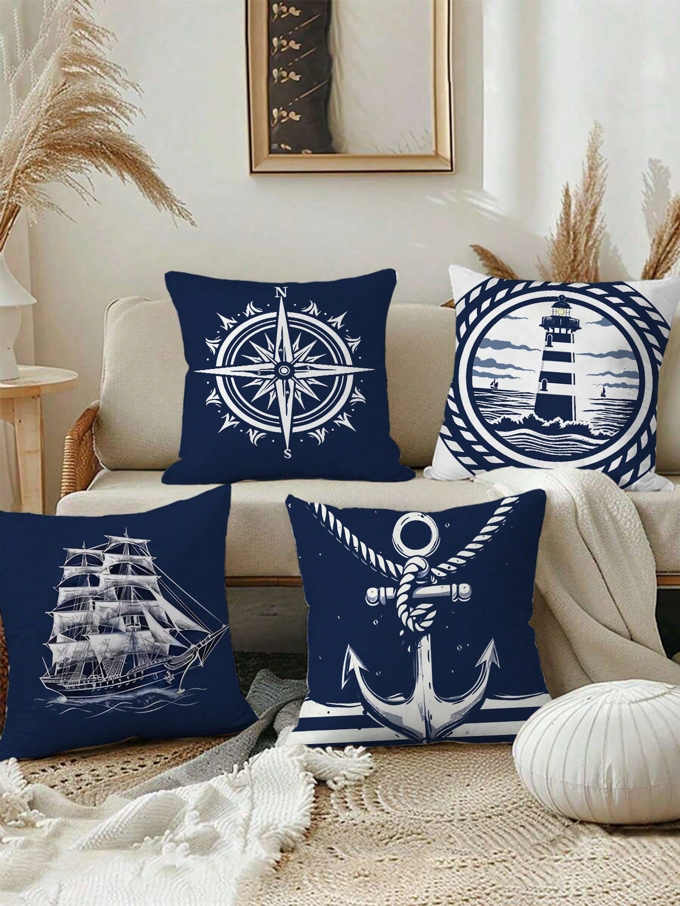 4pcs Nautical Style Plush Pillow Covers, Made Of Polyester