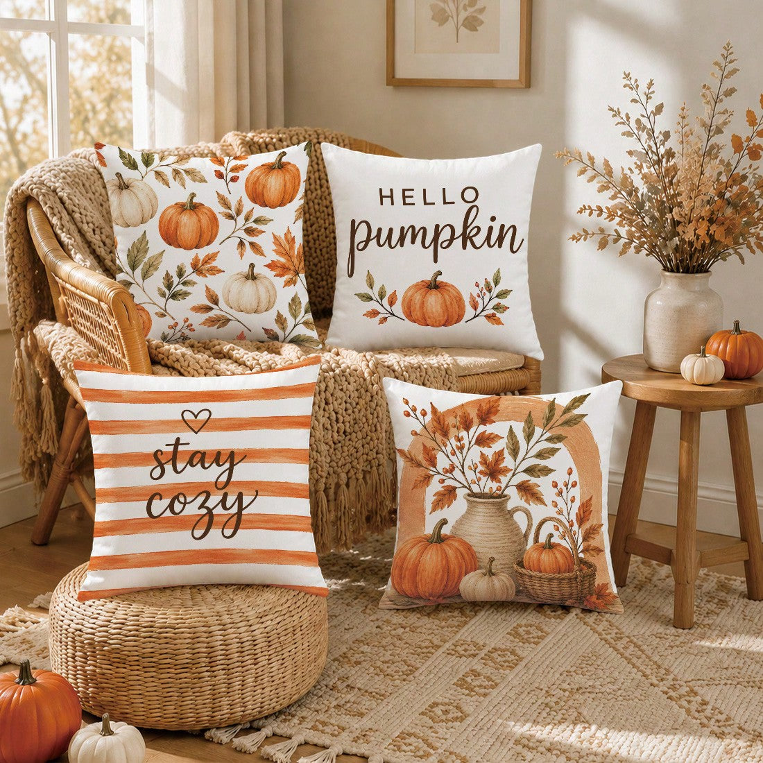 4pcs Orange Striped Autumn Pumpkin & Leaf Pattern Cushion Covers, Single-Sided Printed Skin-Friendly Peach Skin Velvet Material, 45*45CM Pillow Covers Suitable For Home Bedroom Living Room Room Party