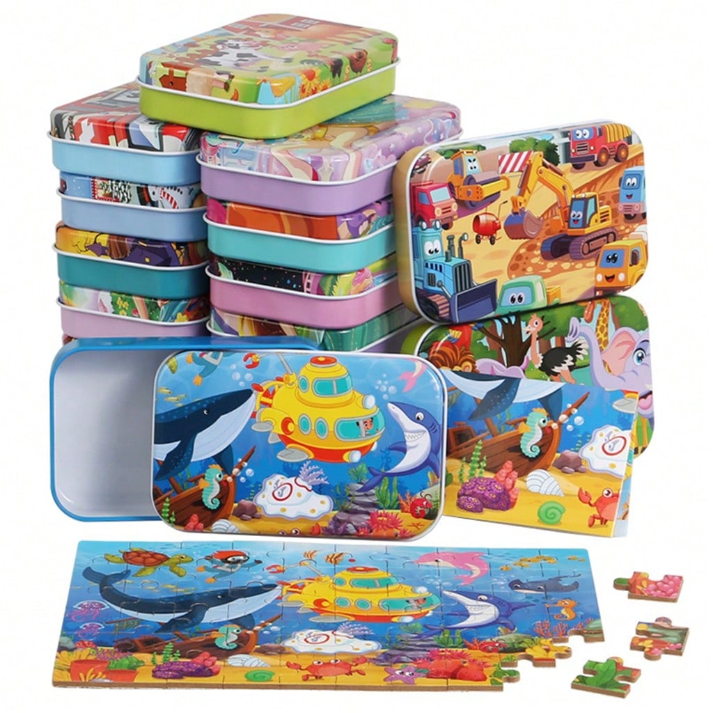 60pcs Kids Cartoon Tin Box Puzzle, Educational Early Learning Toy, Dinosaur/Animal/Construction Vehicle/Underwater World/Amusement Park Theme, 3+ Wooden Puzzle Board, Kindergarten Gift