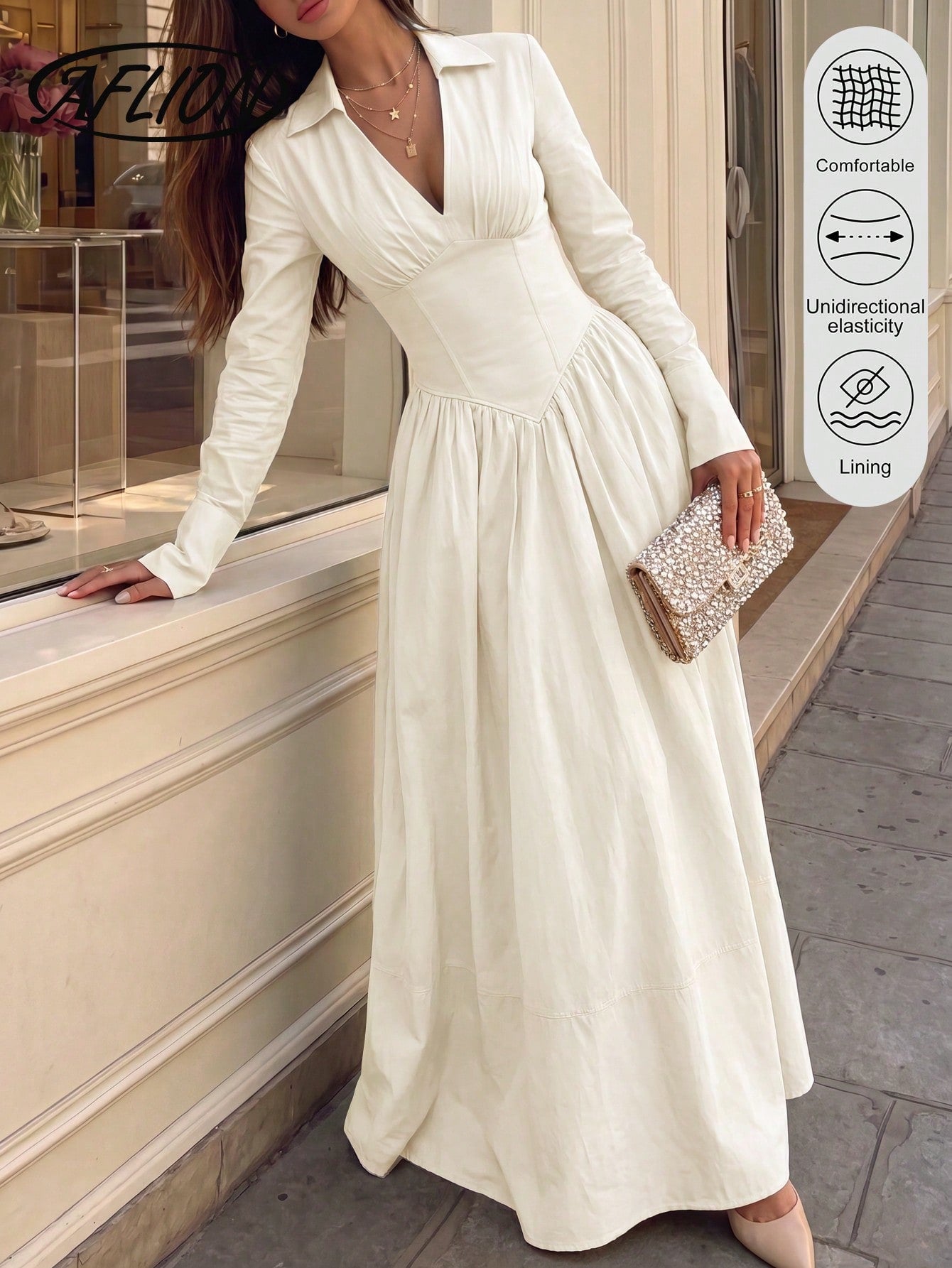 Aflion Women's V-Neck Half-Slit Button Long Sleeve Shirt Dress, Fashionable Elegant Minimalist Retro Beige Dress, Suitable For Dates, Gatherings