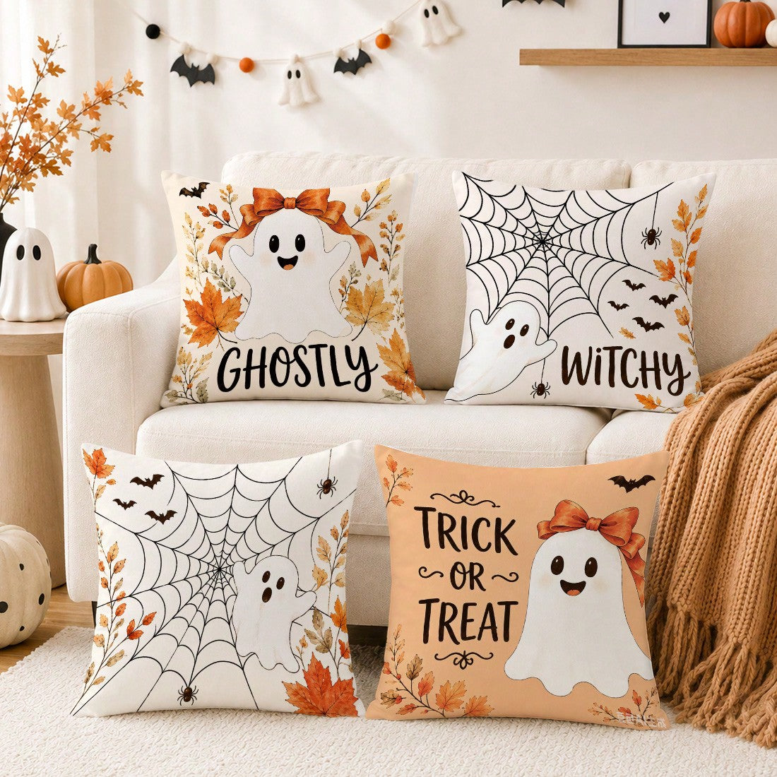 Autumn Halloween Cute Ghost Spider Web Pattern Cushion Cover 4pcs Set, Single-Sided Printed Peach Skin Polyester Material, 45*45CM/18*18inch Pillow Case Suitable For Room Decor, Modern Minimalist Sofa