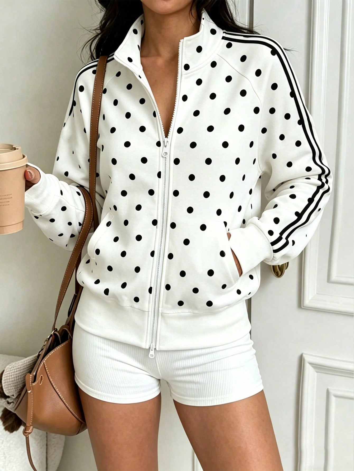 Autumn New Women's Sports Jacket- Women's Polka Dot Jacket With Zipper, Y2K Retro Style, Suitable For Outdoor Exercise, Gym Workout, Running, Ball Sports, Casual Sports