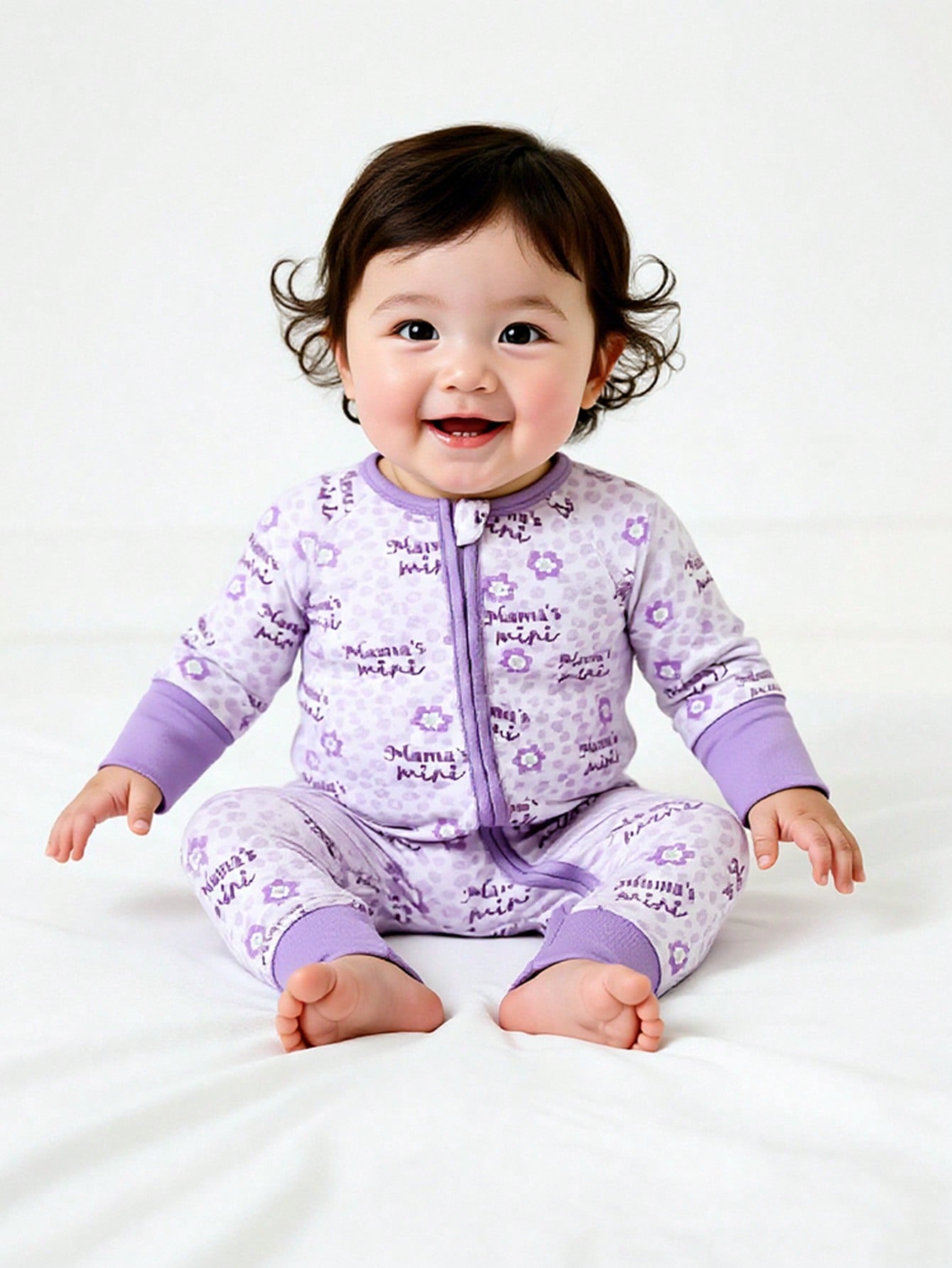 Baby Girl Purple Minimalist Lion & Letter Print Long Sleeve Jumpsuit With Zipper