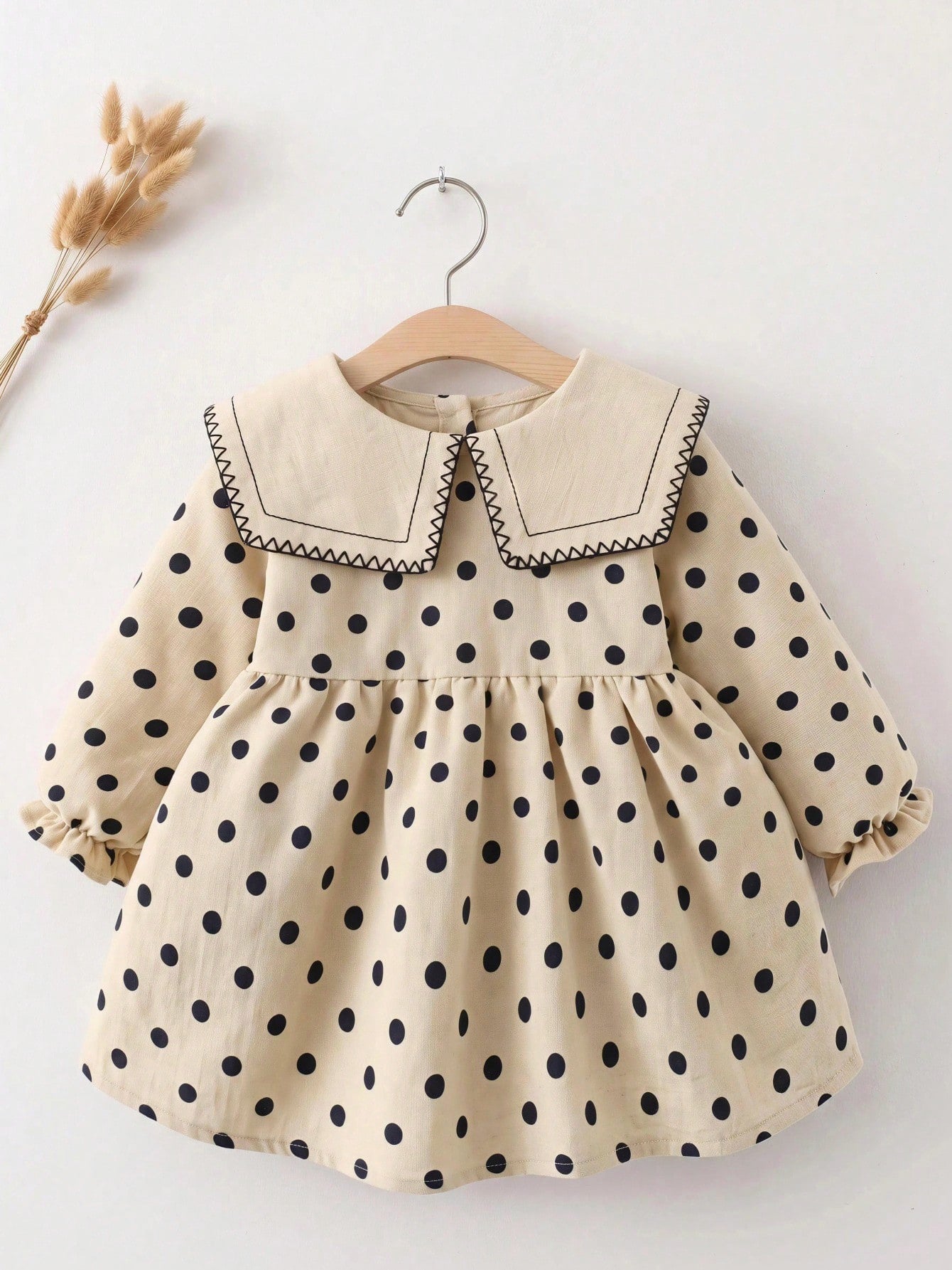 Babygirl Cute Academy Style Polka Dot Apricot Peter Pan Collar Long Sleeve Doll Dress