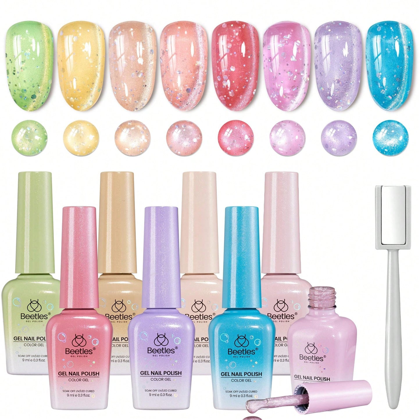 Beetles Dream Coast 8 Colors Cat Eye Gel Nail Polish Set, Pink Yellow Green Blue Purple Glitter Magnetic Shine Gel, Soak Off UV LED Salon & Home DIY Manicure Gifts For Women