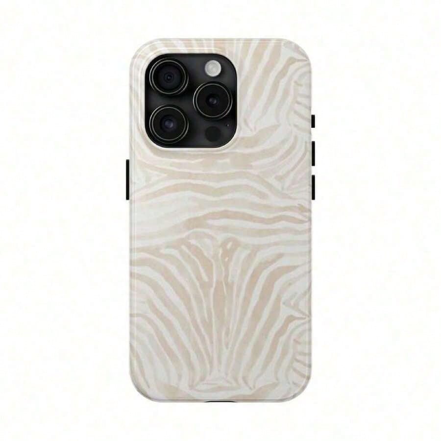 Beige Zebra Print Phone Case- Durable, Anti-Drop, Waterproof, Glossy Finish, Elegant Abstract Tough Case For IPhone