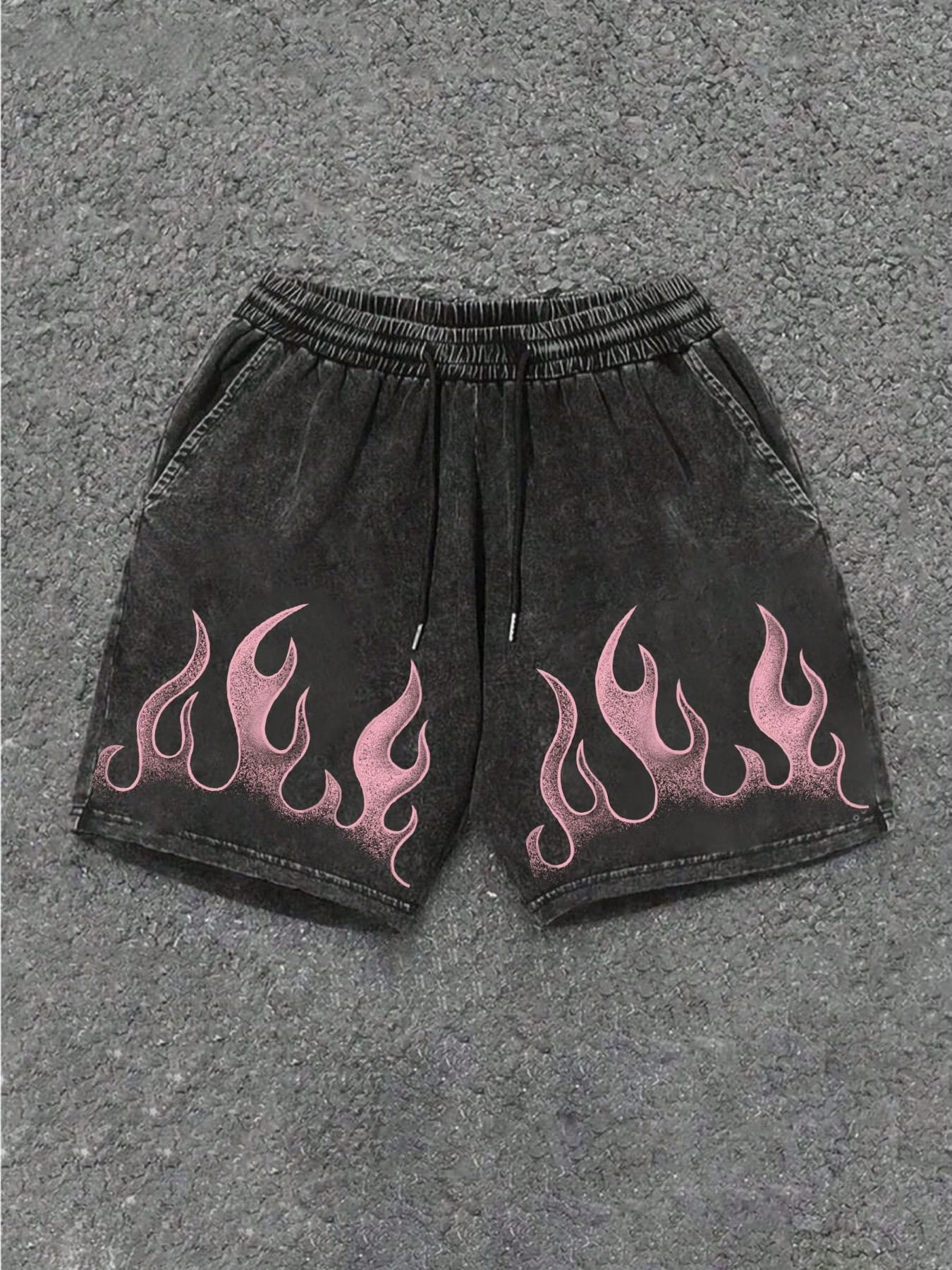 Black Denim Shorts With Pink Flame Pattern- Casual Elastic Waistband With Adjustable Drawstring, Couples Matching Outfits Essential/Workout Short
