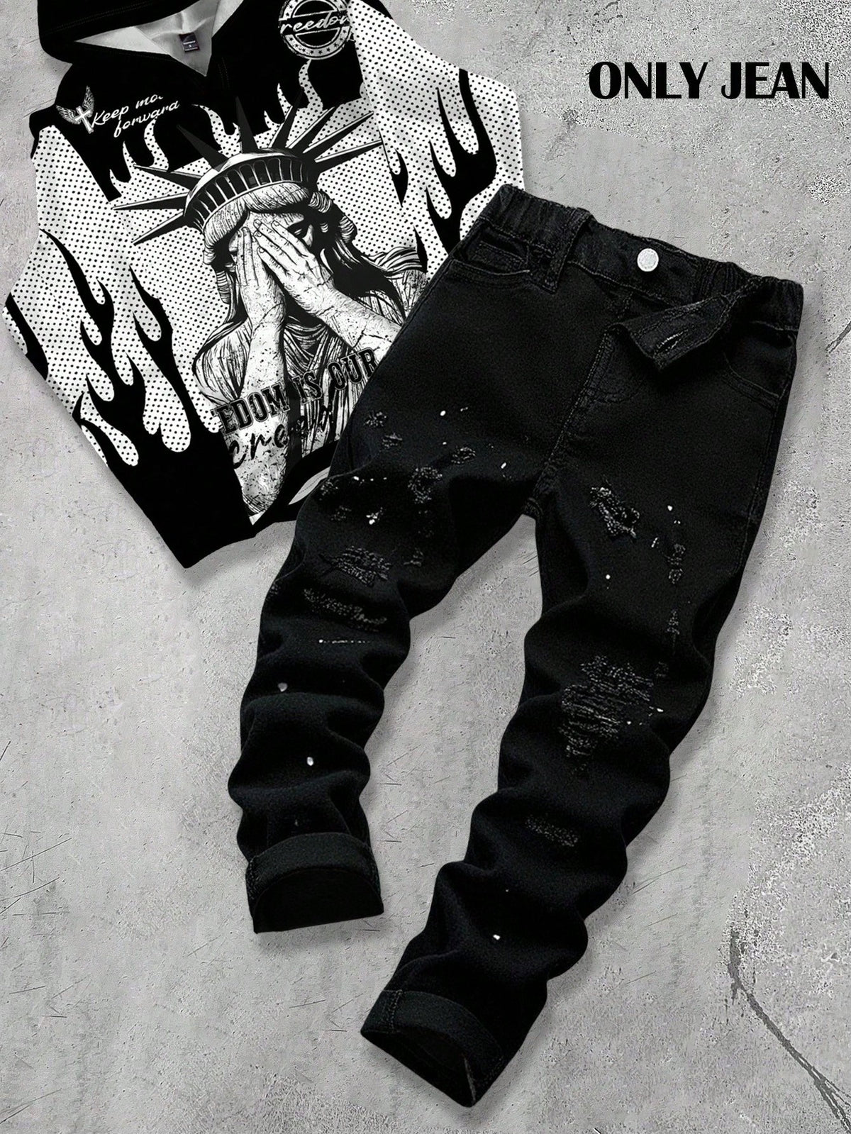 Bolty New Vintage Young Boy Fashion Casual Soft Splatter Paint Ripped Frayed Skinny Black Jeans Fall Winter,Casual And Versatile Fall/Winter Dailywear And Streetwear, Christmas, New Year,Thanksg
