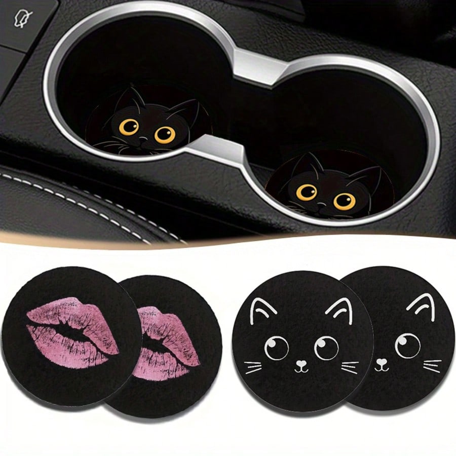 Cat Style 2 Pieces Car Cup Holder Coaster- Anti Slip, 2.8-Inch Made Of Natural Rubber, Washable, Weighing 8 Grams Per Piece, Perfect For Car Interior Accessories- Suitable For Car Owners- Suitable