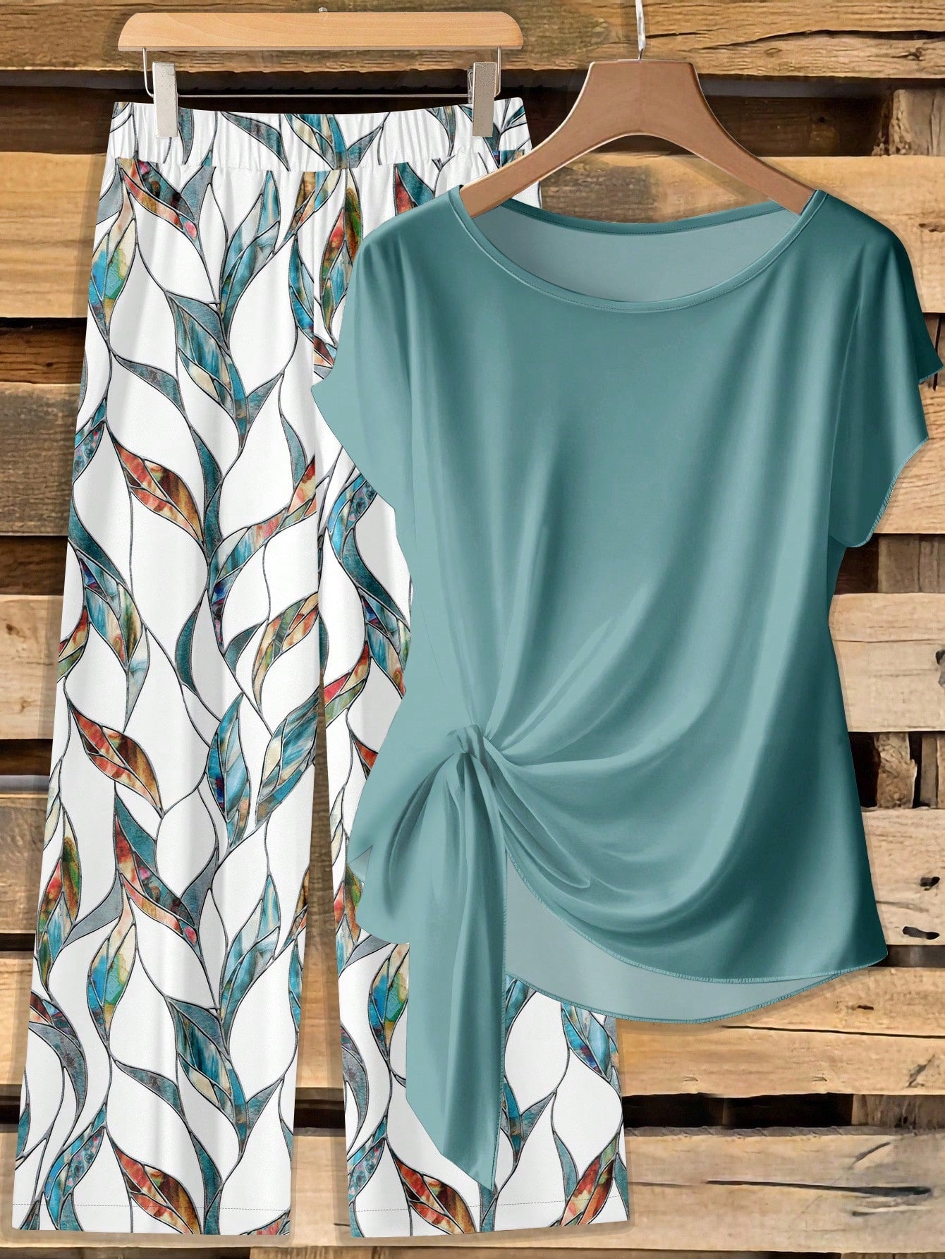 Clasi Women 2pcs Summer Outfits,Green Floral Boho Casual Vacation Holiday Minimalist Bowknot Shirt & Loose Straight Geometric Print Pants Set,Beach Outfit