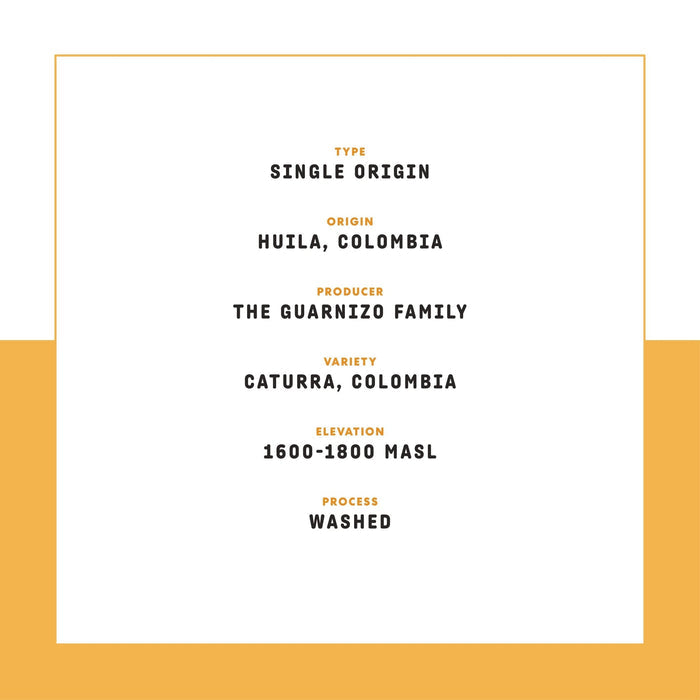 Single origin coffee label with origin Huila Colombia and orange accents on white background