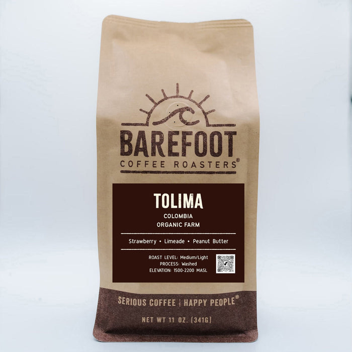 Barefoot Coffee Roasters bag featuring Tolima Colombia Organic Farm label