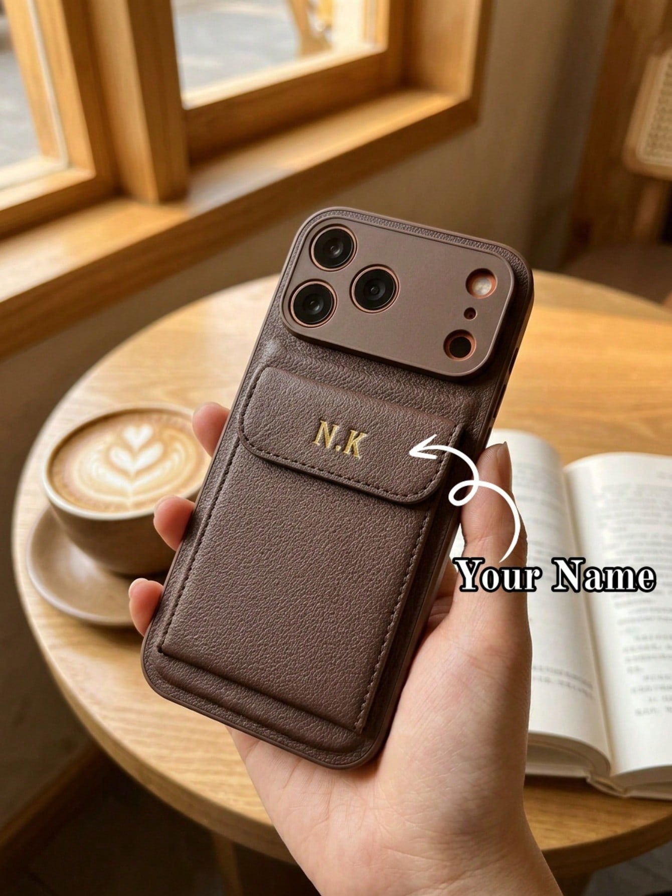 Custom Name Hot Stamping Gold Initials Litchi Texture PU Leather Wallet Phone Case Compatible With IPhone 13 14 15 16 17 Pro Max Plus Air With Card Pocket Full Camera Lens Protection Anti-Scratch Shoc