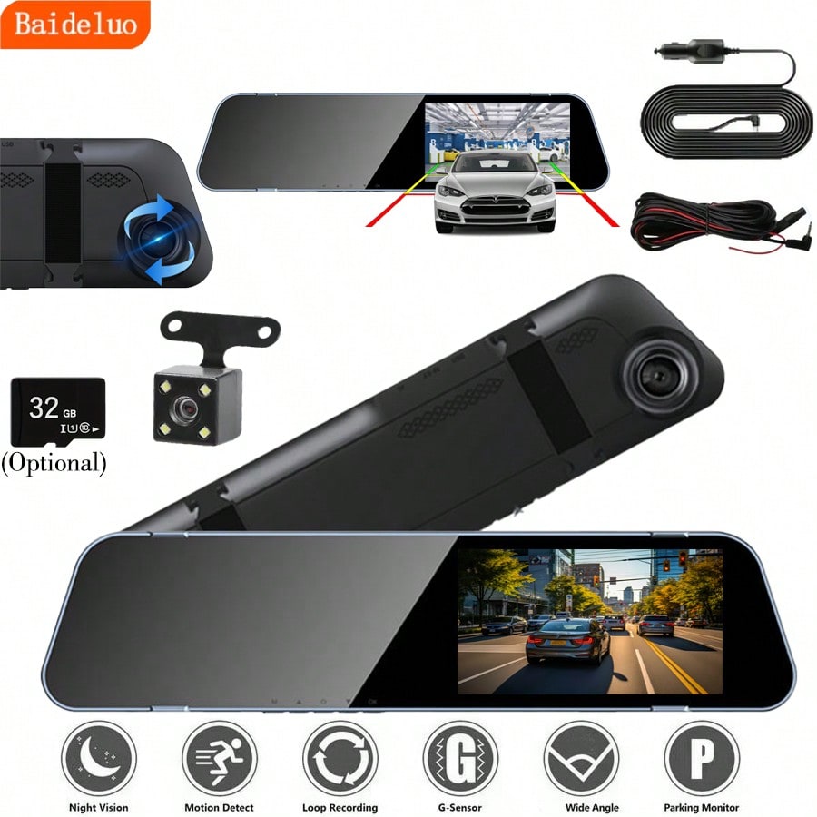 Dash Cam For Car, 4.5-Inch Rearview Mirror 1080P, 32G Memory Card(Optional), Front And Rear Dual Cameras, Super Night Vision, Parking Assist, Loop Recording, 24-Hour Parking Monitor, Car Reverse Camer
