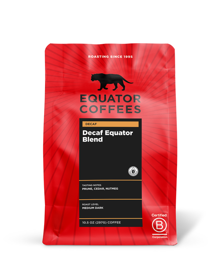 Red Equator Coffees Decaf Equator Blend bag with black label and gold accents.