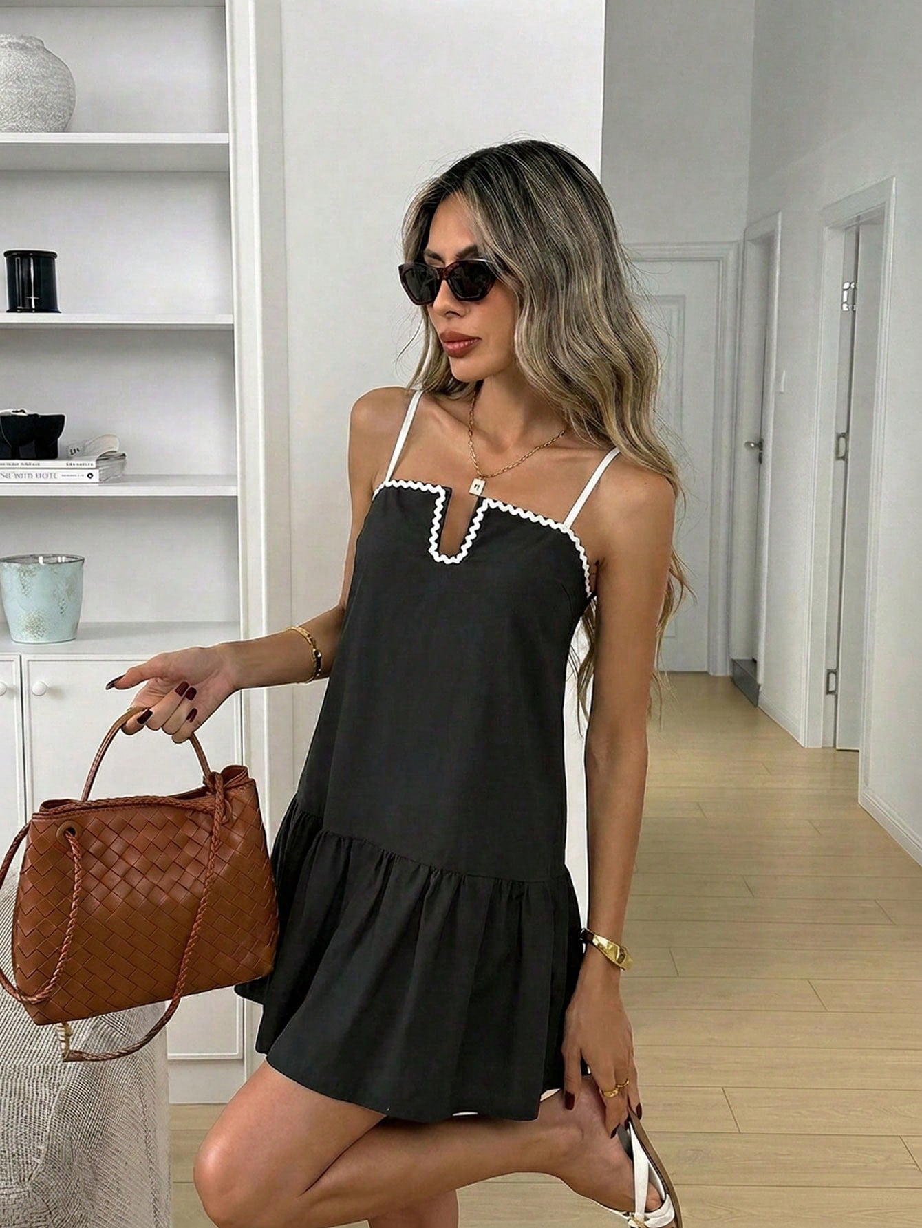 Easowa Color Block Ruffled Hem A-Line Mini Dress For Women Black And White Checkered Summer Casual Chic Brunch Vacation Elegant Vintage Holiday Loose