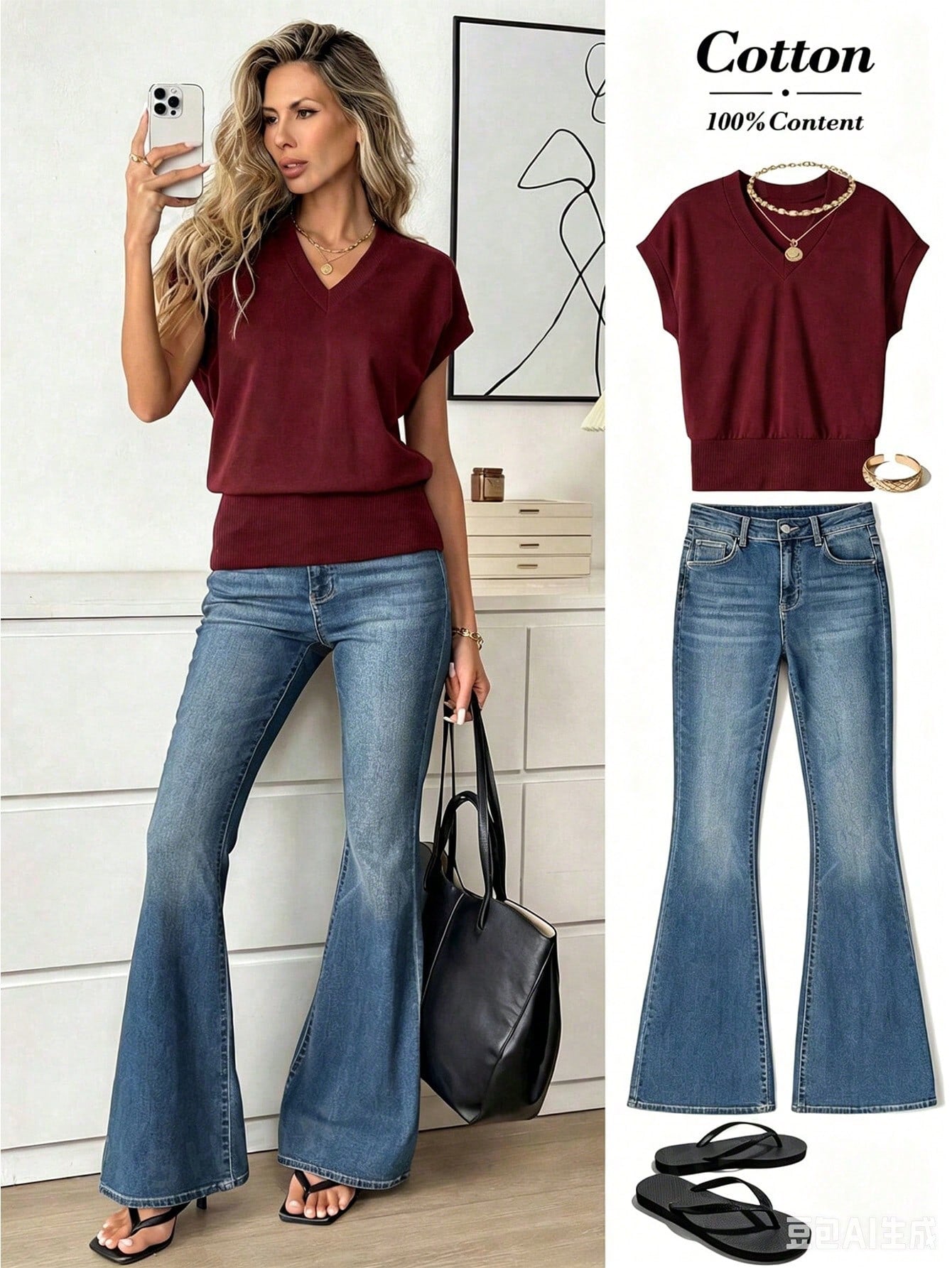 Easowa Women's Casual V-Neck Batwing Sleeve T-Shirt, Solid Color, Summer Tops Jeans Clothes Ladies Outfits Blouses Demin Sets Office Brunch Everyday Burgundy