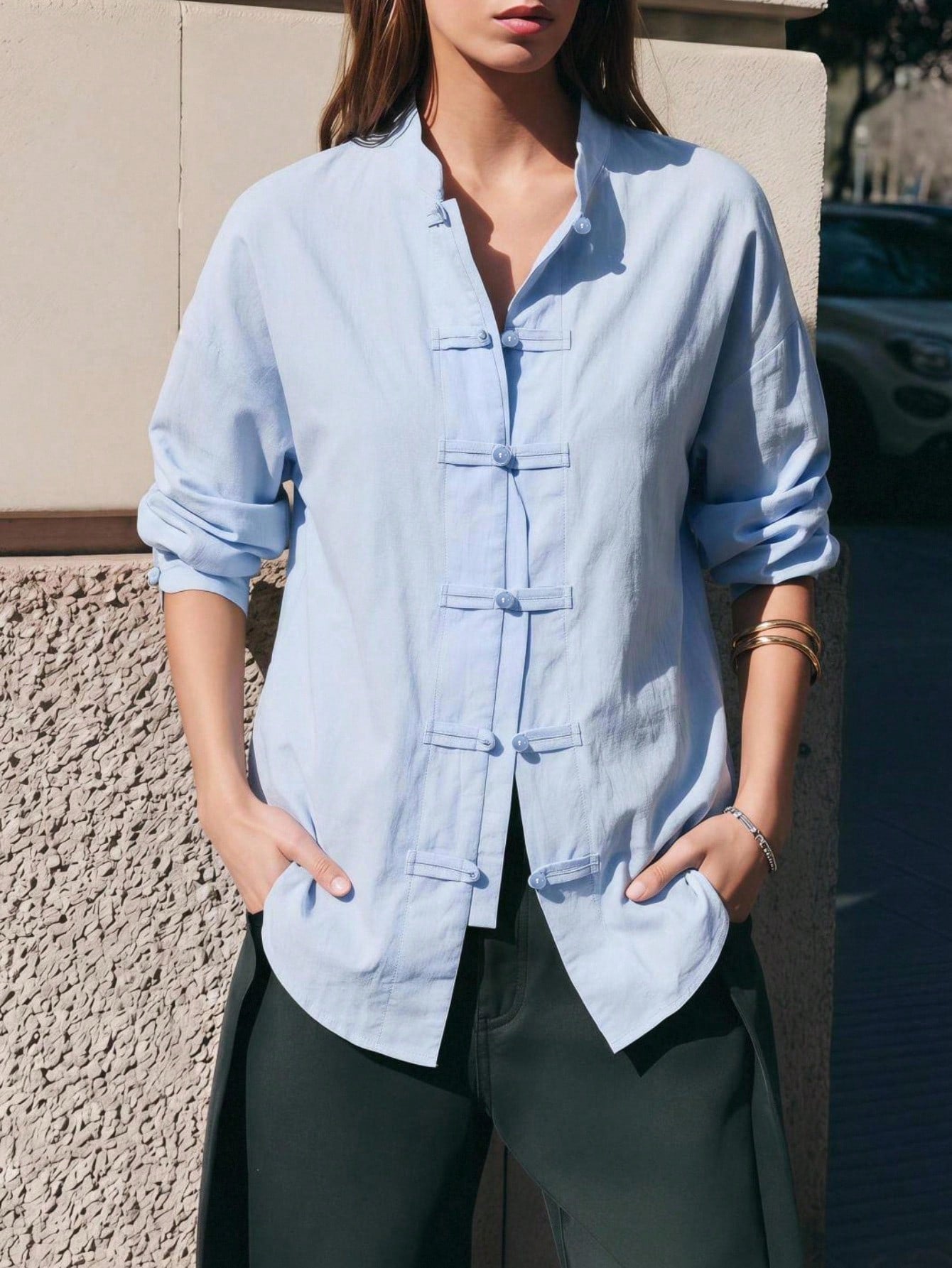 EastFlair Casual Elegant Versatile Solid Color Frog Button Shirt Brunch Travel Tea Party Light Blue Autumn For Everyday Wear Travel Travel Teachers' Day